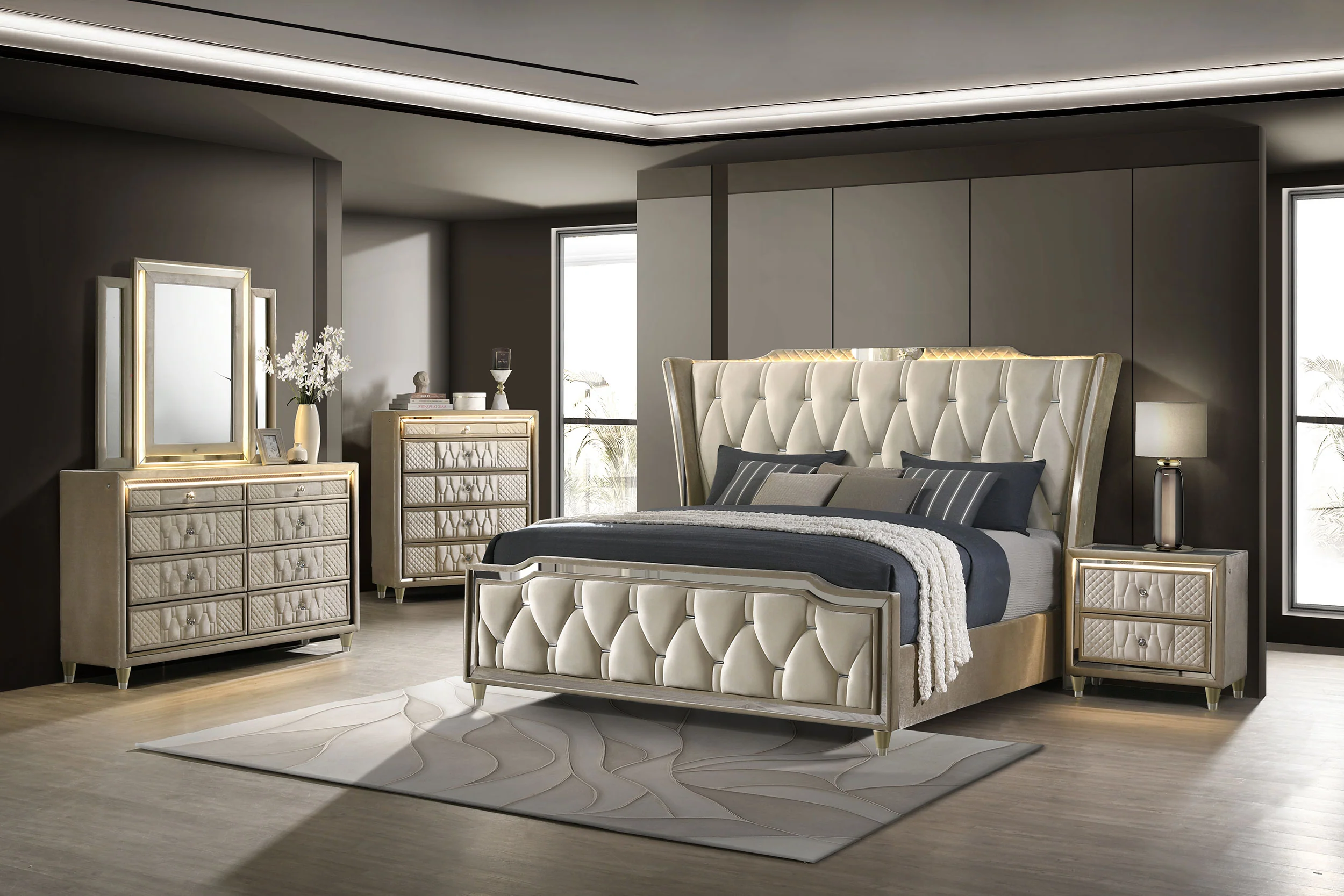 Lorient California King LED Upholstered Bed Ivory and Camel - Image 12