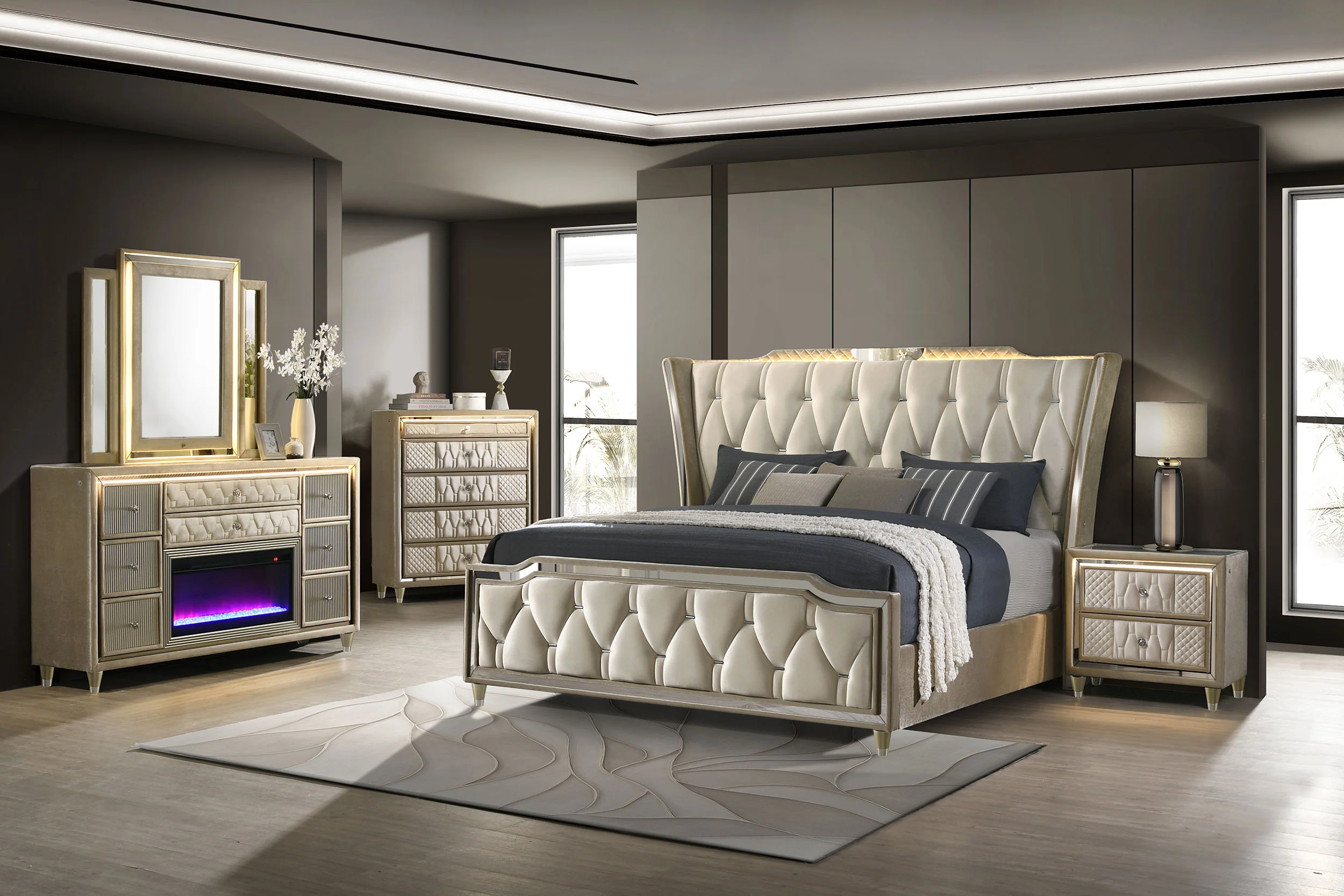 Lorient California King LED Upholstered Bed Ivory and Camel - Image 13