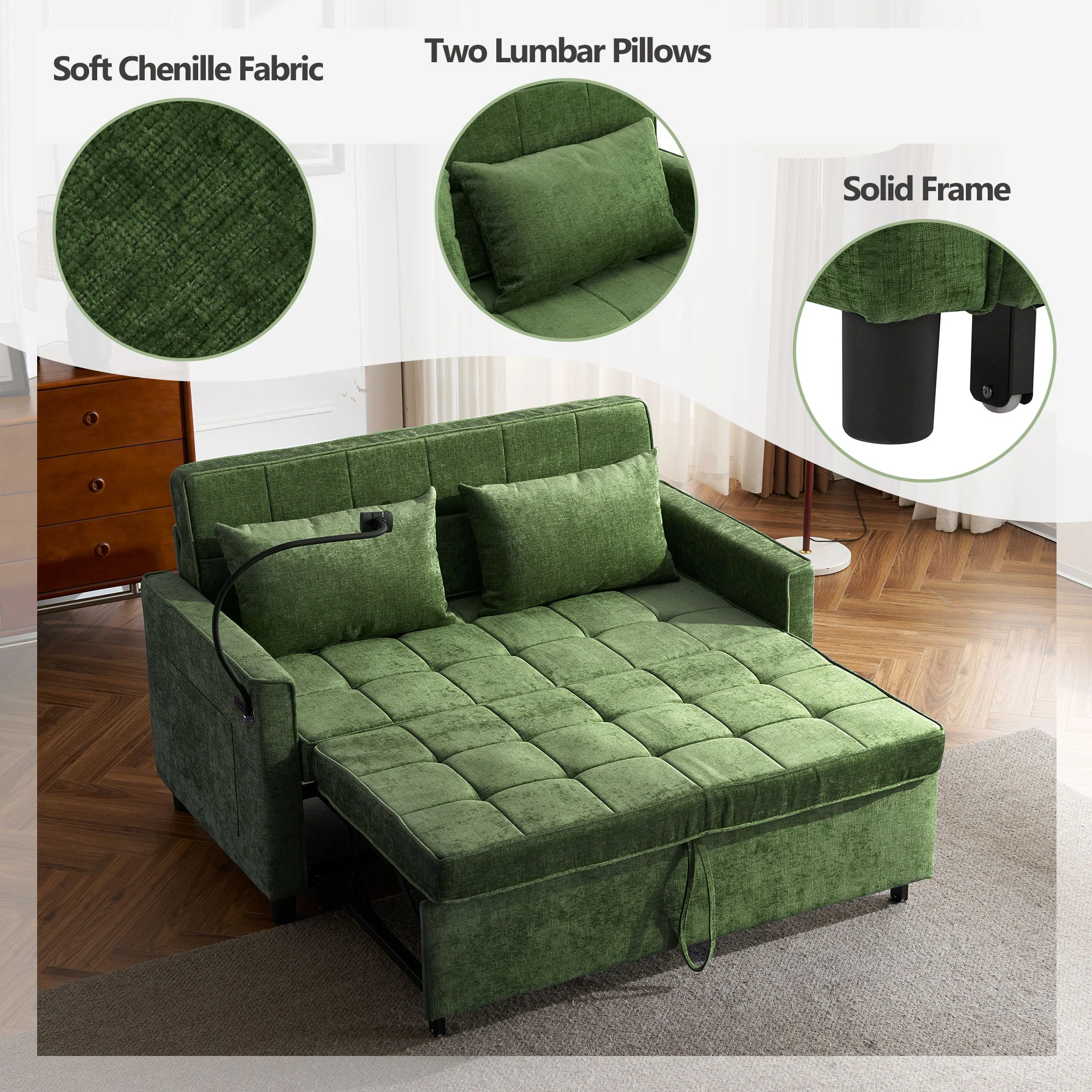 Loveseat Sofa Bed Sleeper With Reversible Backrest, Side Pockets, USB Ports, Phone Holder - Image 3