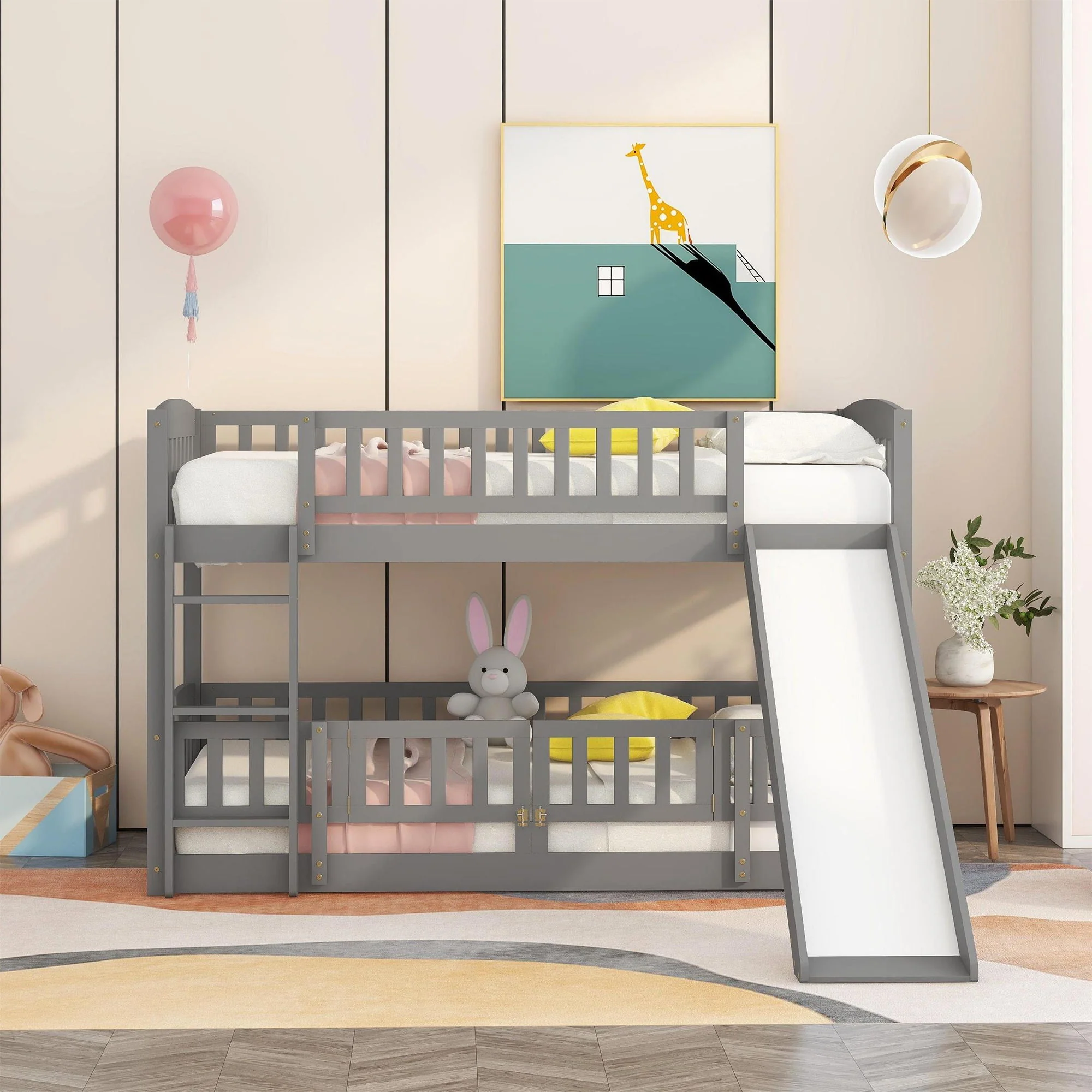 Low Bunk Bed With Slide, Fence And Ladder - Image 53