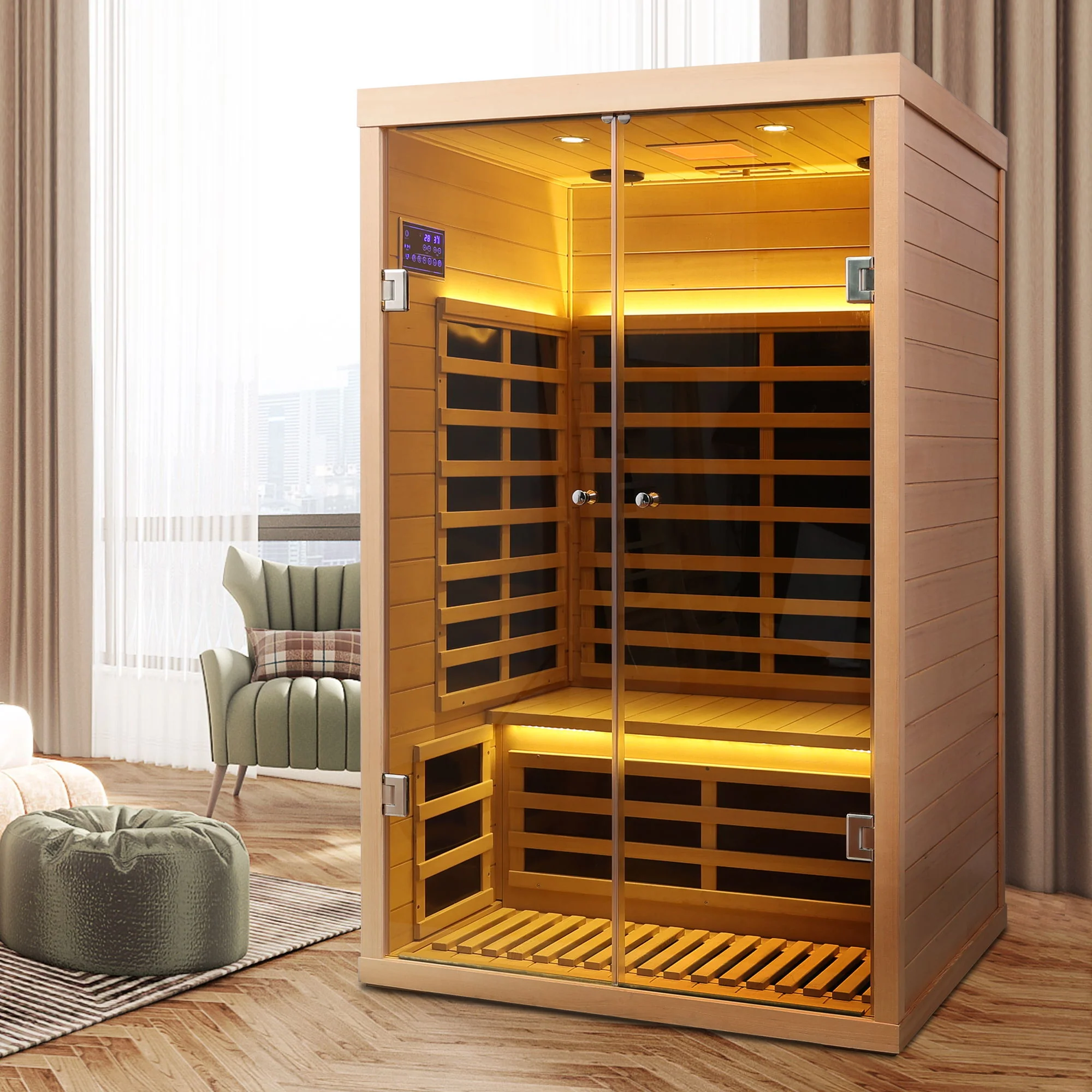 Low EMF, Wide Space Hemlock Double Doors Great Glass Luxury Indoor Far Infrared Sauna Room - Image 13