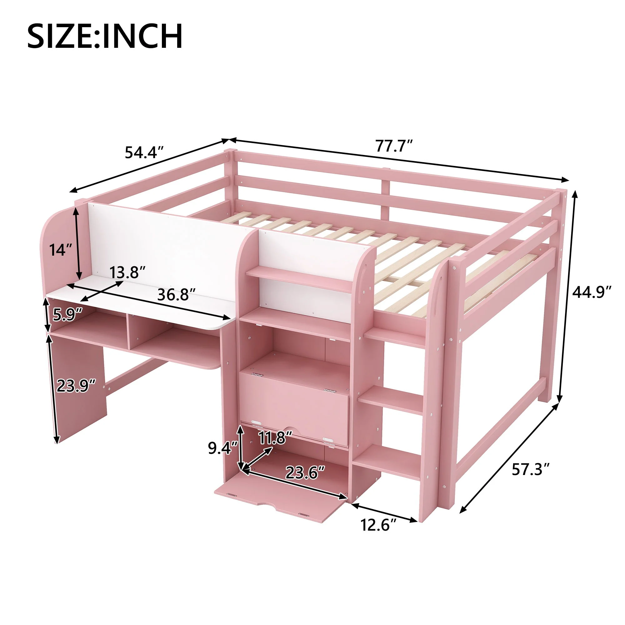 Low Loft Bed With Built In Desk, Storage Cabinets, Open Bookcase And Doodle board - Image 14