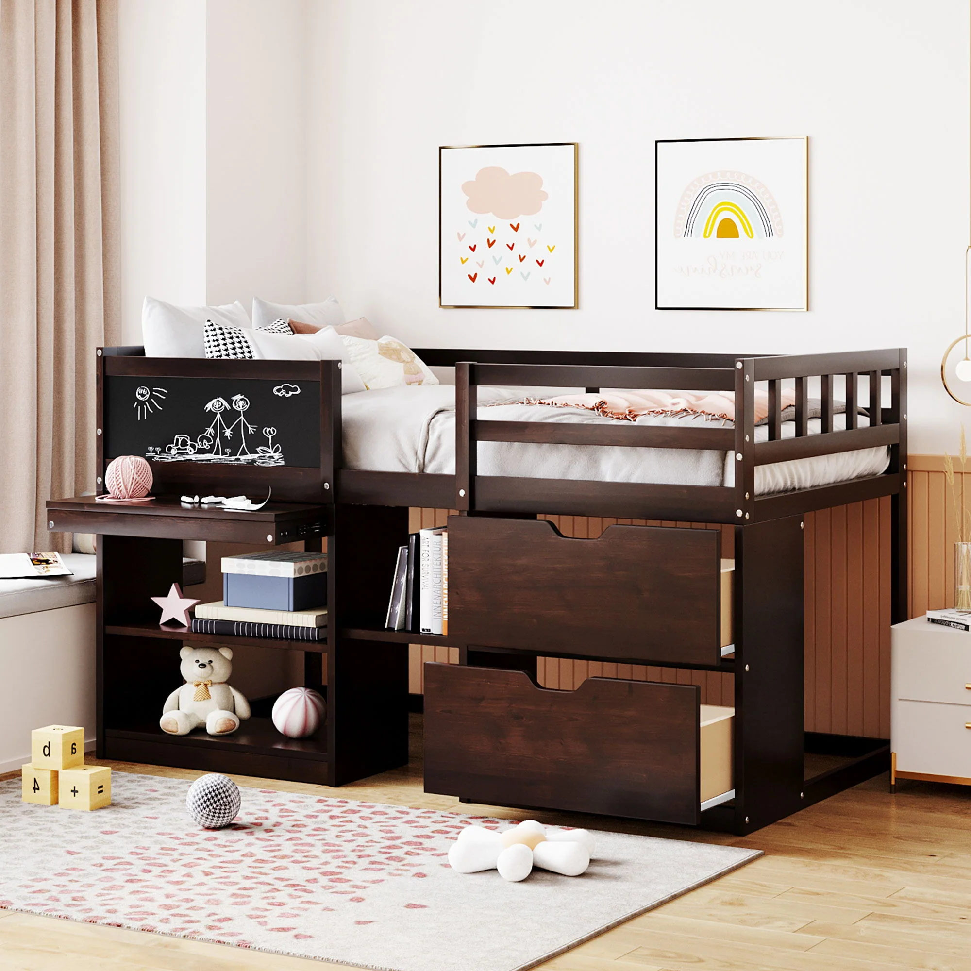 Low Loft Bed With Rolling Desk, Shelf And Drawers - Image 2