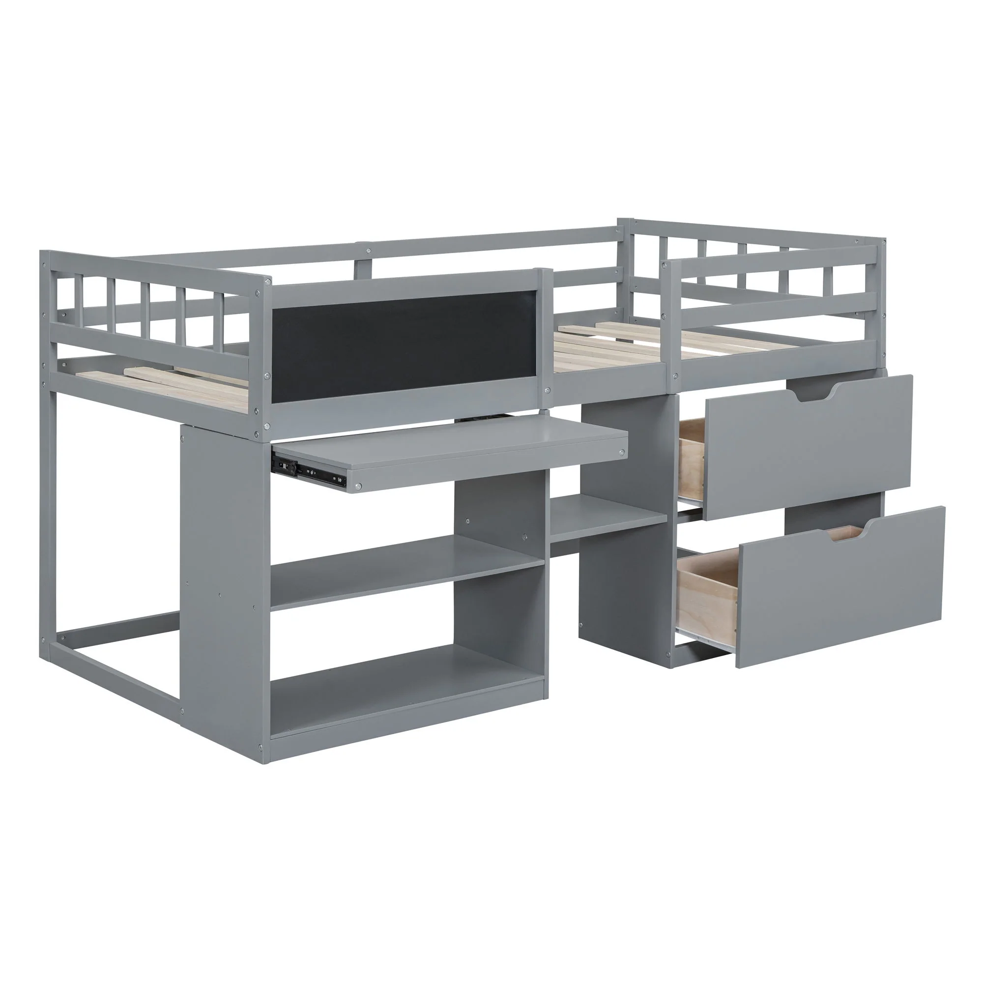 Low Loft Bed With Rolling Desk, Shelf And Drawers - Image 24