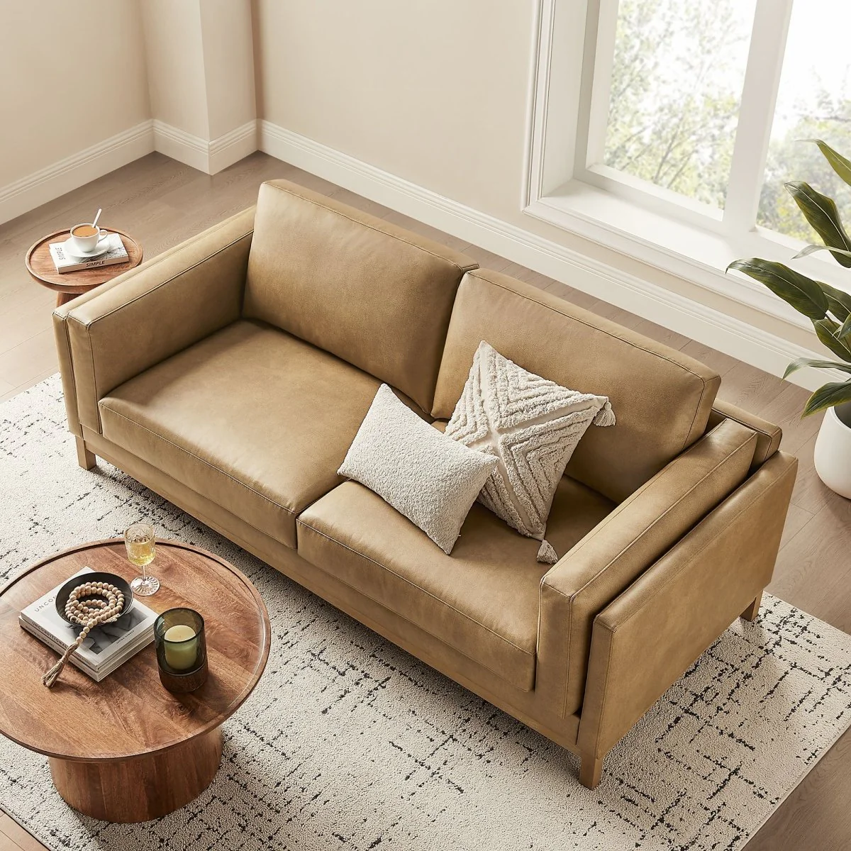 Low-Profile Chenille Fabric Sofa with Weathered Wood Frame - Image 10