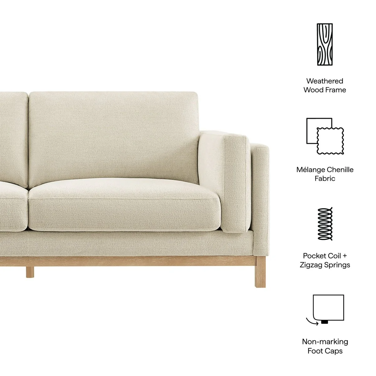 Low-Profile Chenille Fabric Sofa with Weathered Wood Frame - Image 2