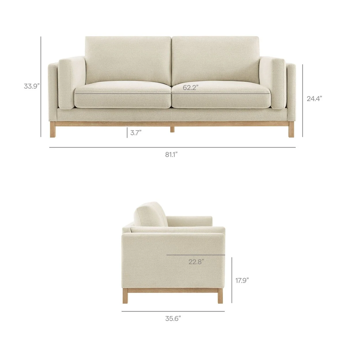 Low-Profile Chenille Fabric Sofa with Weathered Wood Frame - Image 3