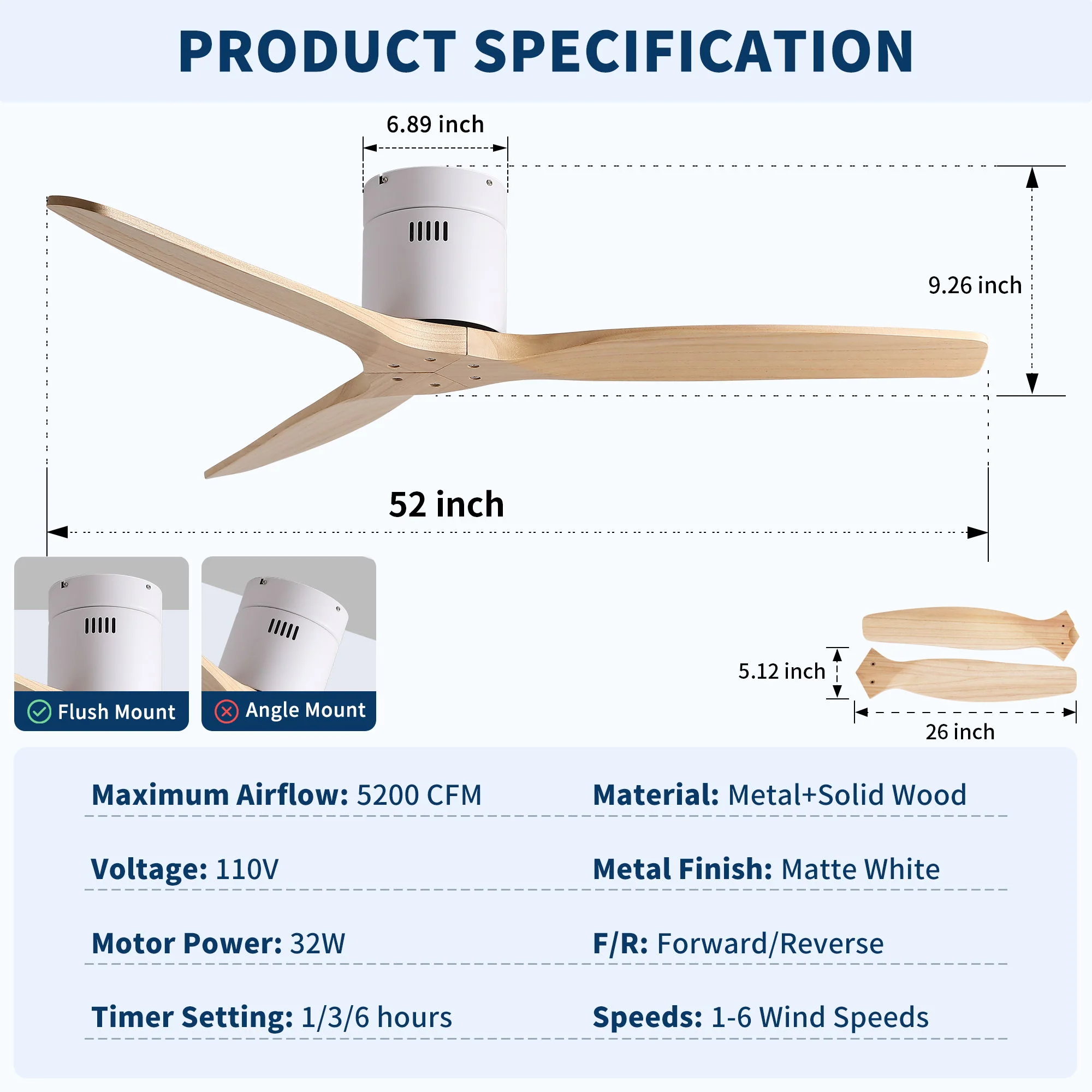 Low Profile Flush Ceiling Fan Without Light - Matte White / White - Image 2