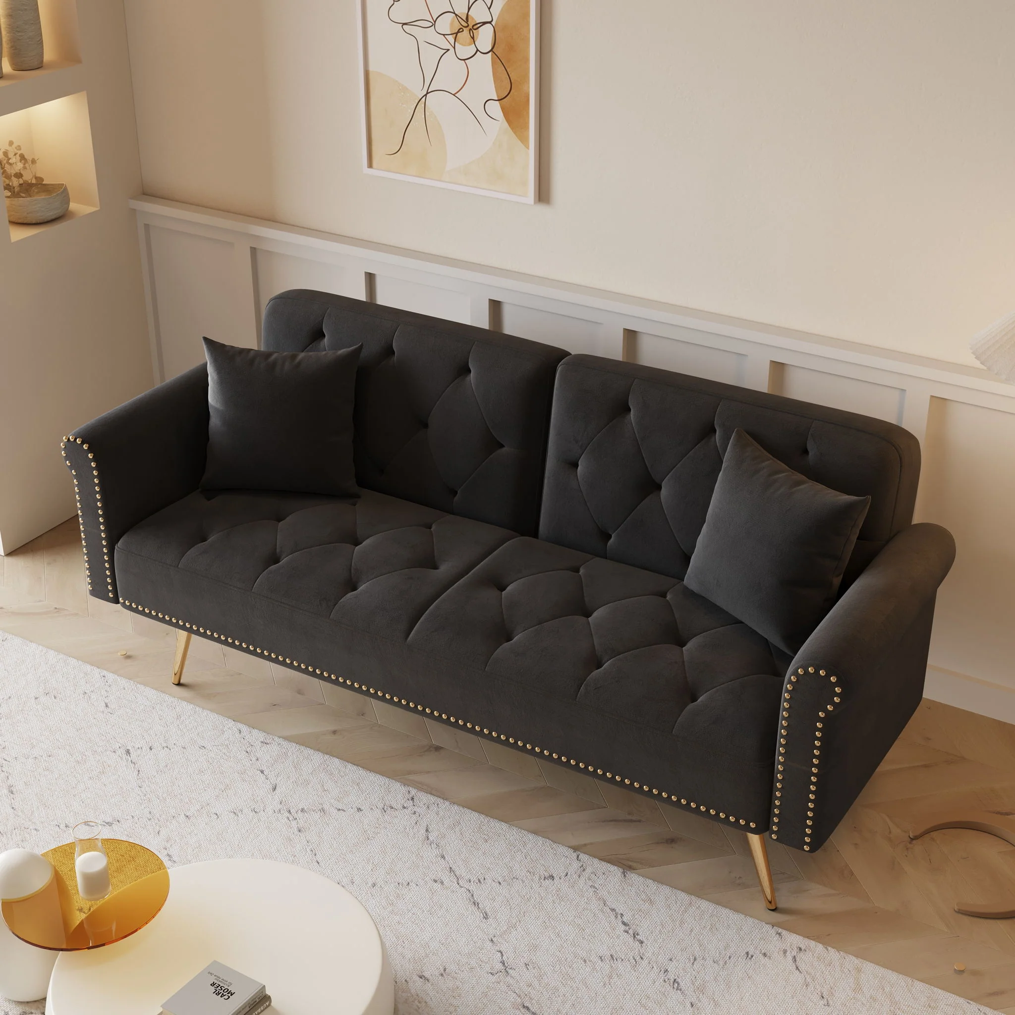 Luxurious Sofa Bed With Nail Head Trim And Matching Pillow - Image 35