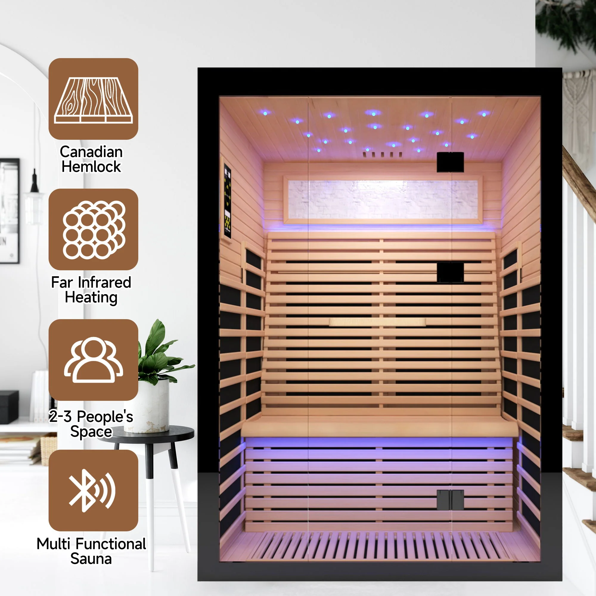 Luxury Double Far Infrared Sauna Room With Epoxy Heating Plates And Starry Sky Lighting - Black / Natural - Image 3