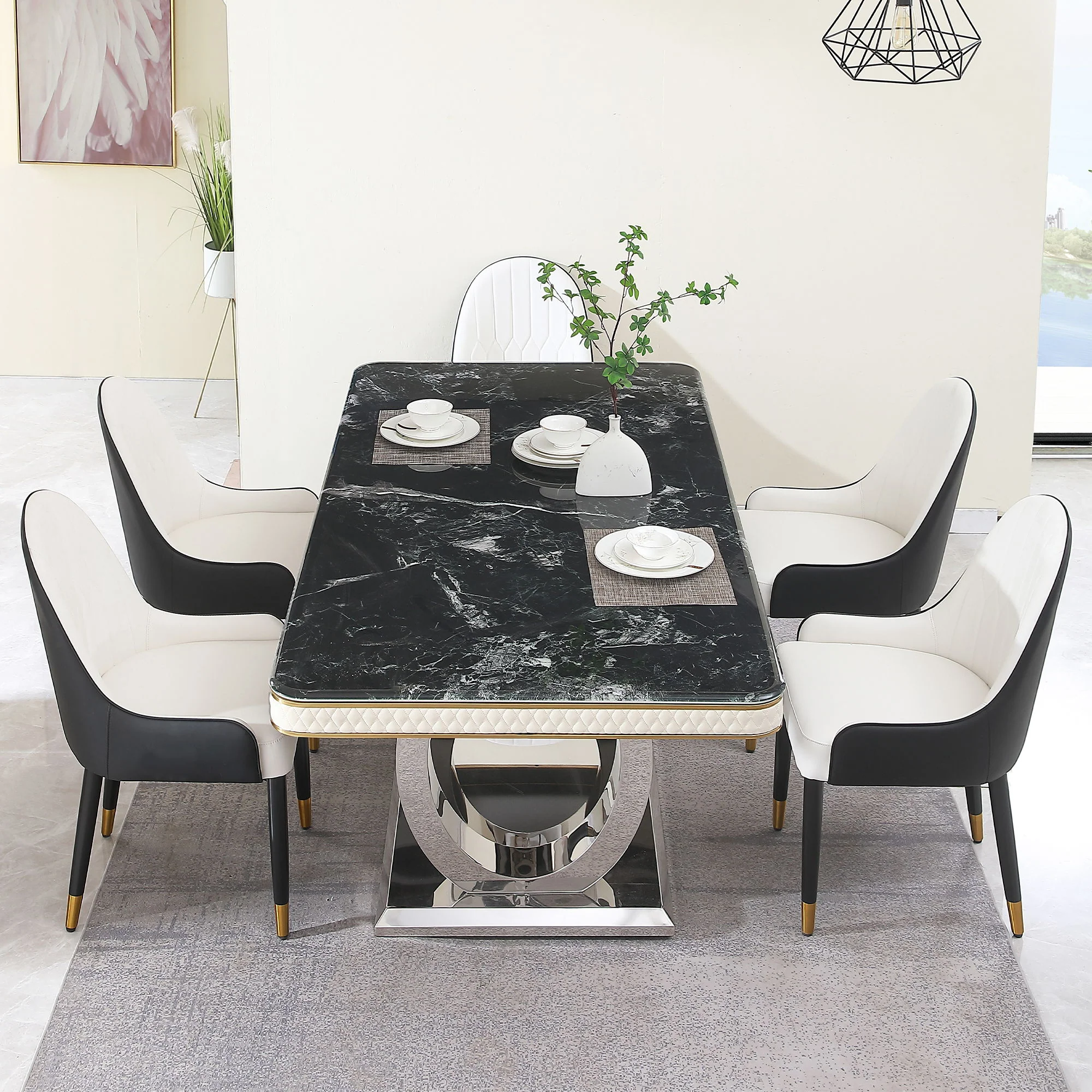 Luxury Modern Dining Table With Faux Marble Top And Dual Circle Base - Black - Image 6