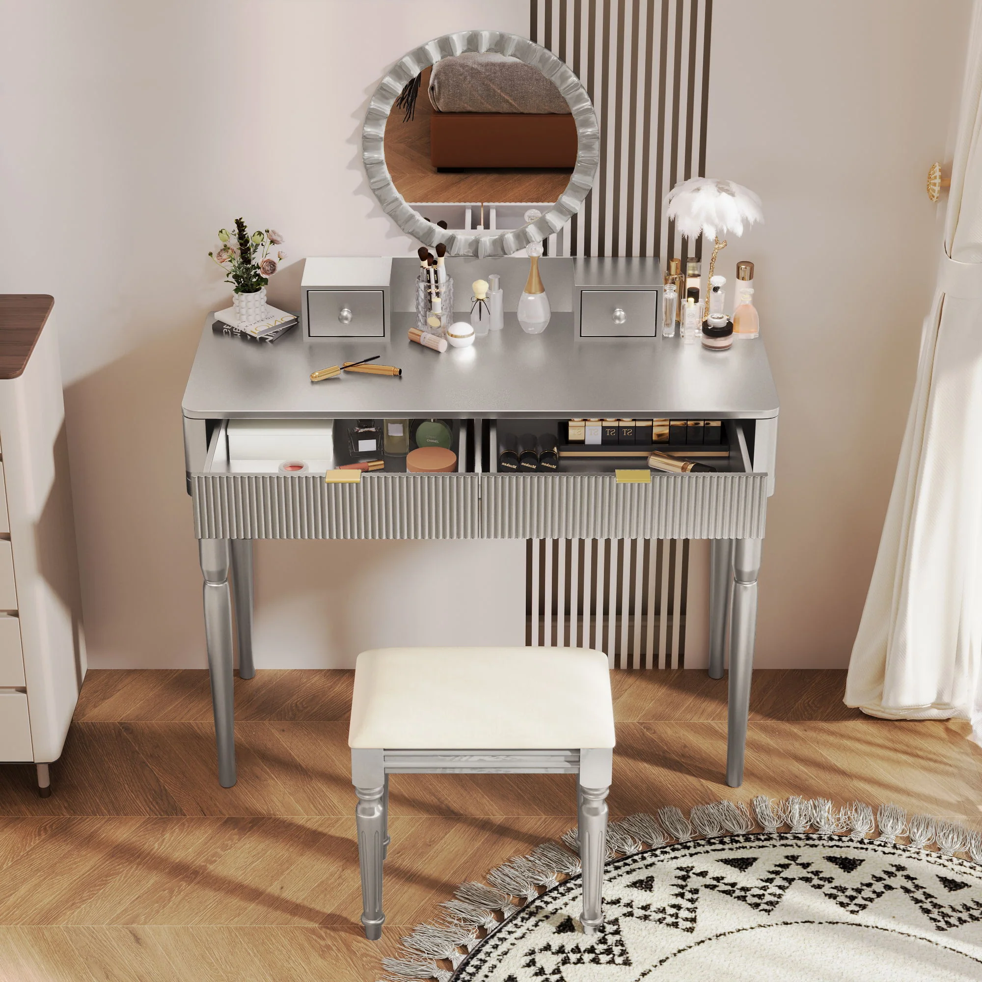 Luxury Vanity Desk With Round Mirror Height Adjustable Dressing Table Set Engineered Wood - Silver - Image 7