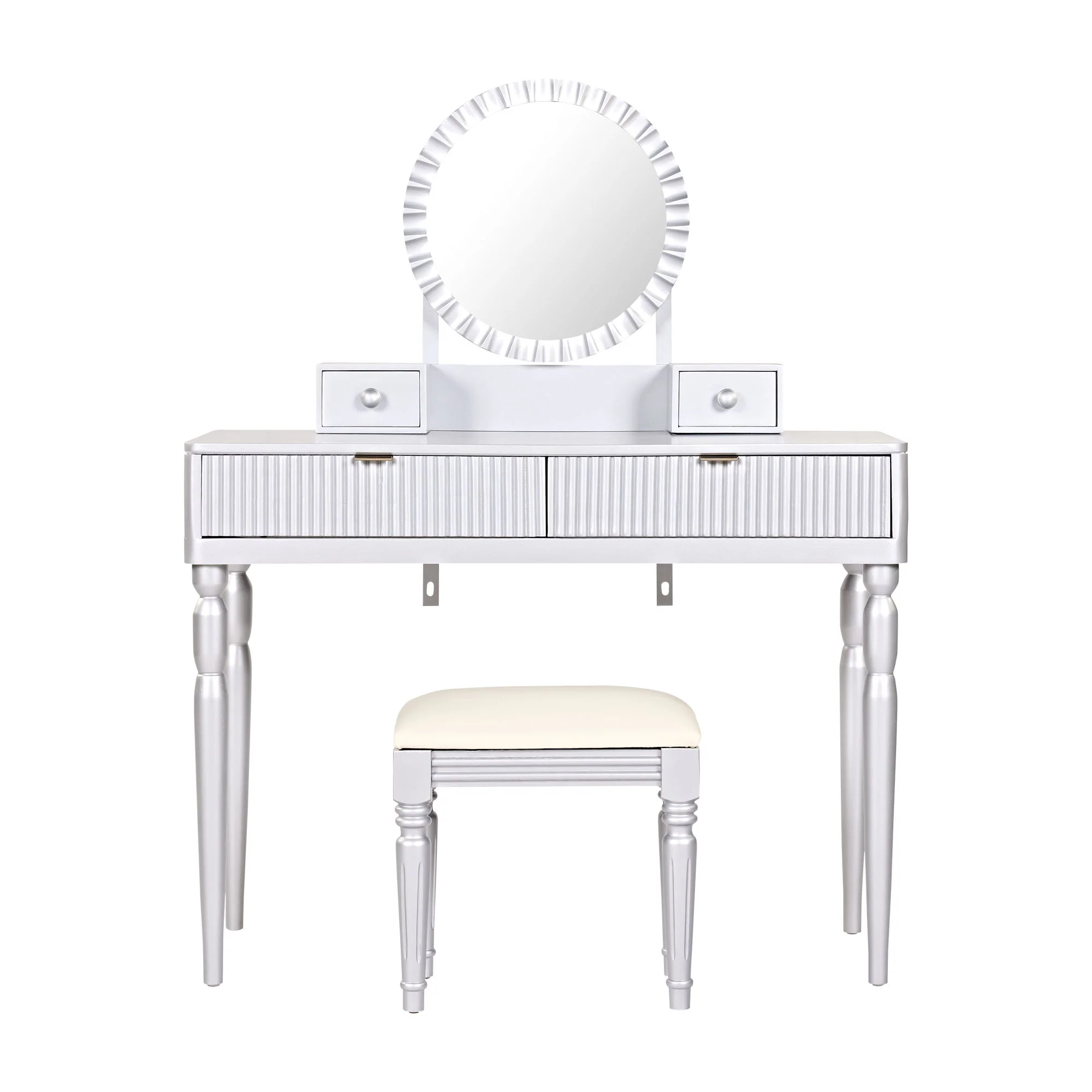 Luxury Vanity Desk With Round Mirror Height Adjustable Dressing Table Set Engineered Wood - Silver - Image 9