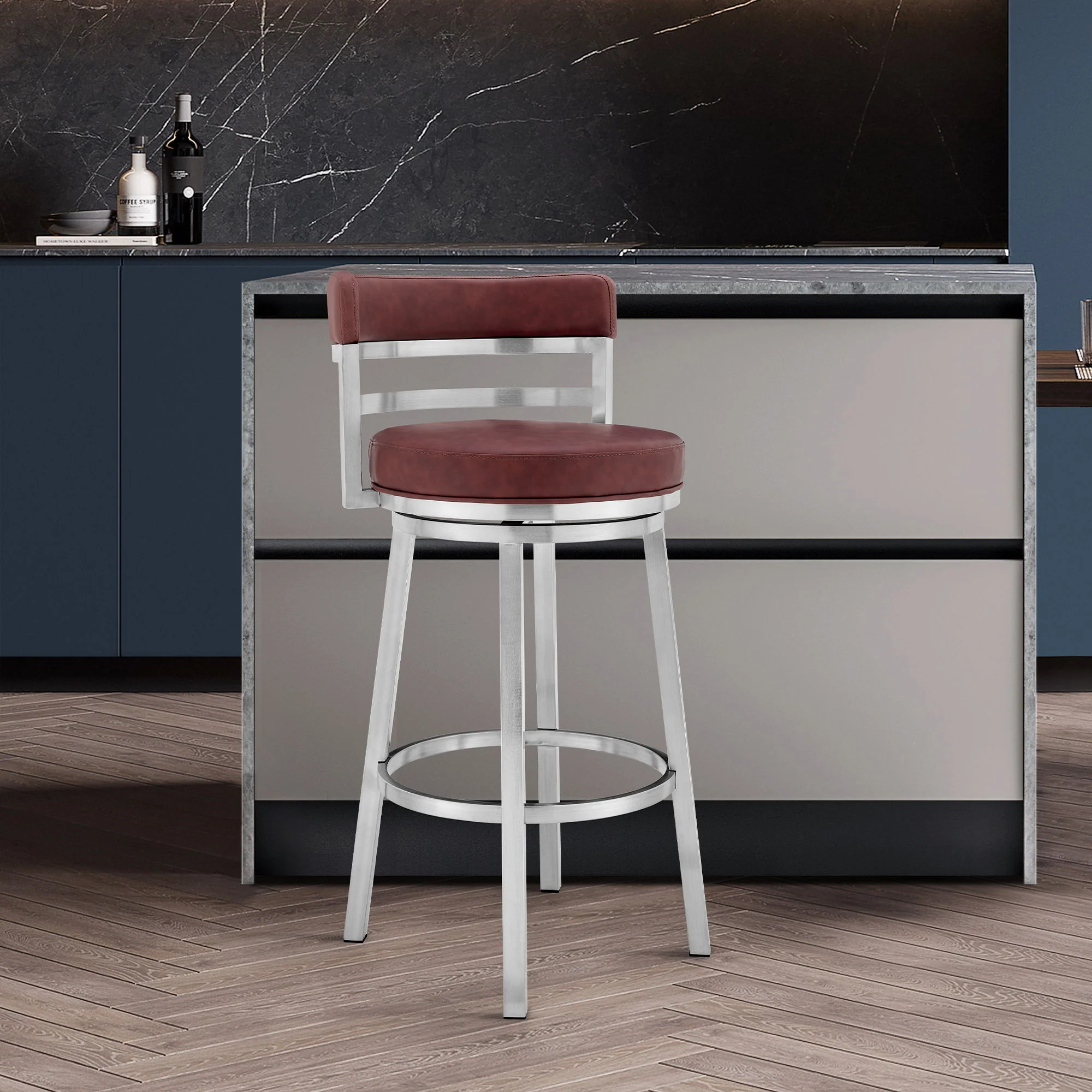 Madrid - 26" Counter Height Swivel Red Faux Leather And Brushed Stainless Steel Bar Stool - Image 8
