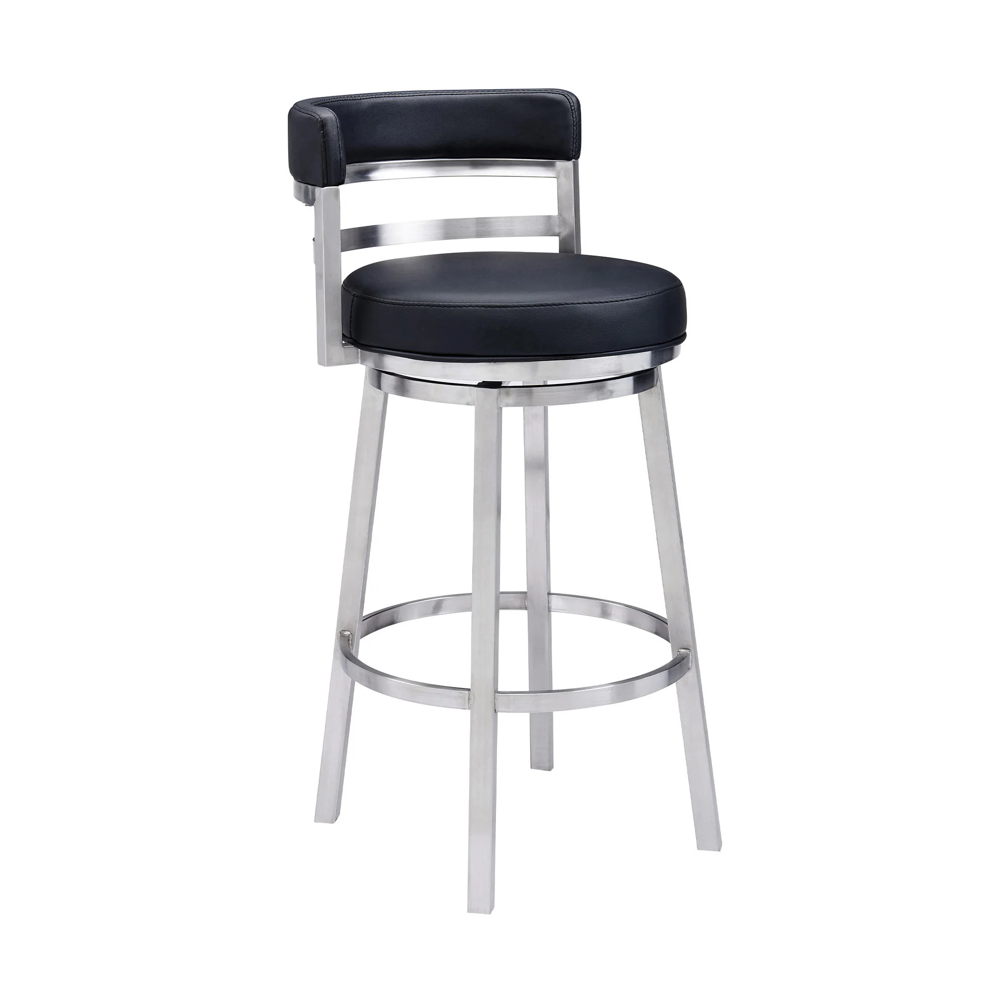 Madrid - 30" Bar Height Swivel Black Faux Leather And Brushed Stainless Steel Bar Stool