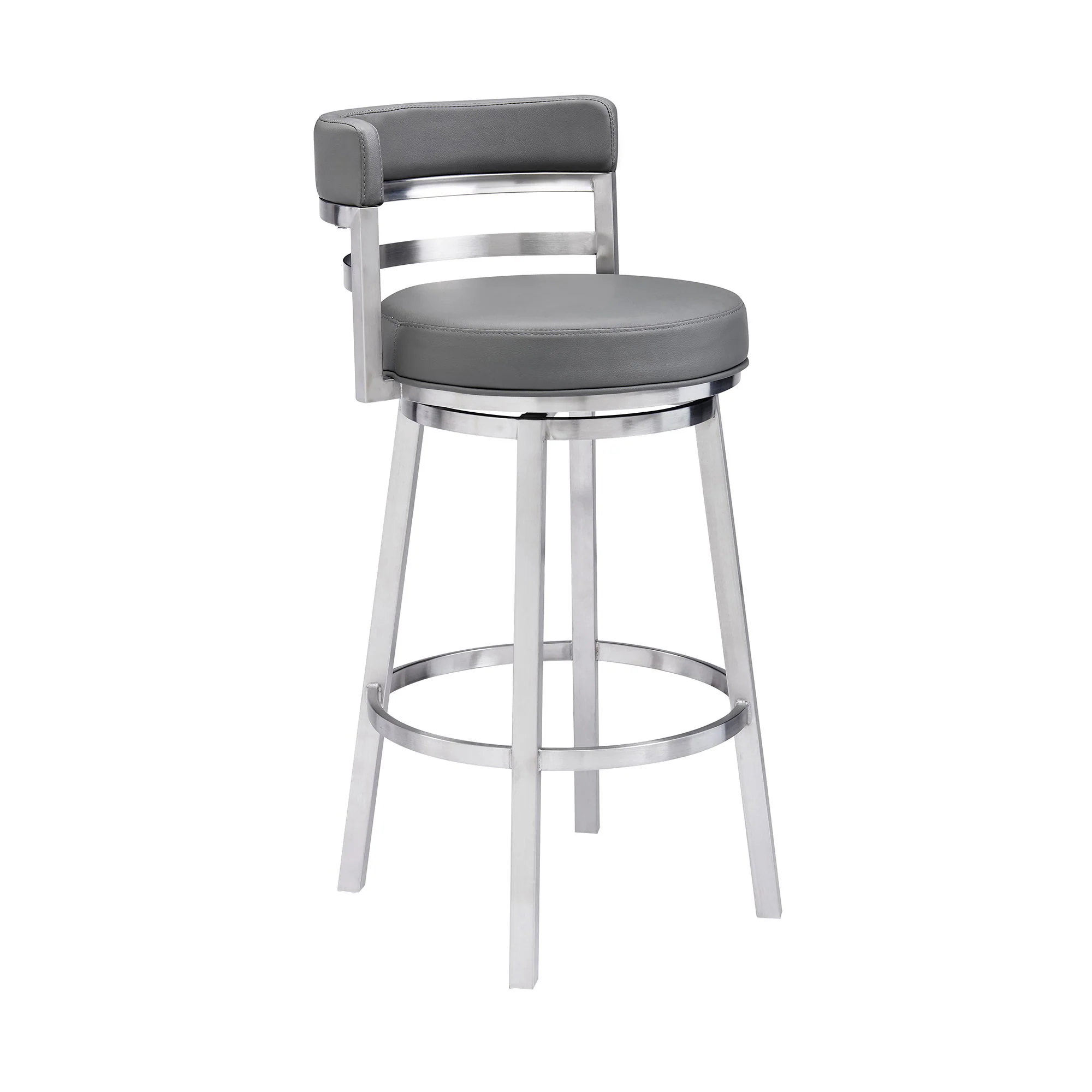 Madrid - 30" Bar Height Swivel Gray Faux Leather And Brushed Stainless Steel Bar Stool