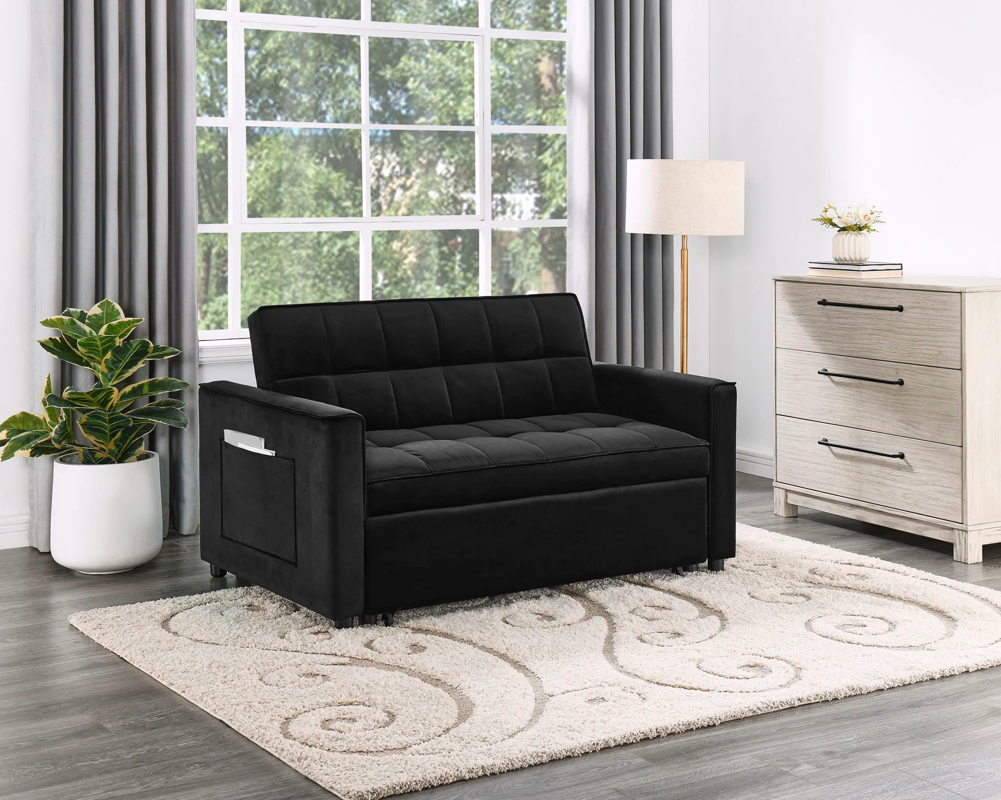 Maeve - Convertible Sleeper Loveseat With Tufting and Side Pocket - Black - Image 6