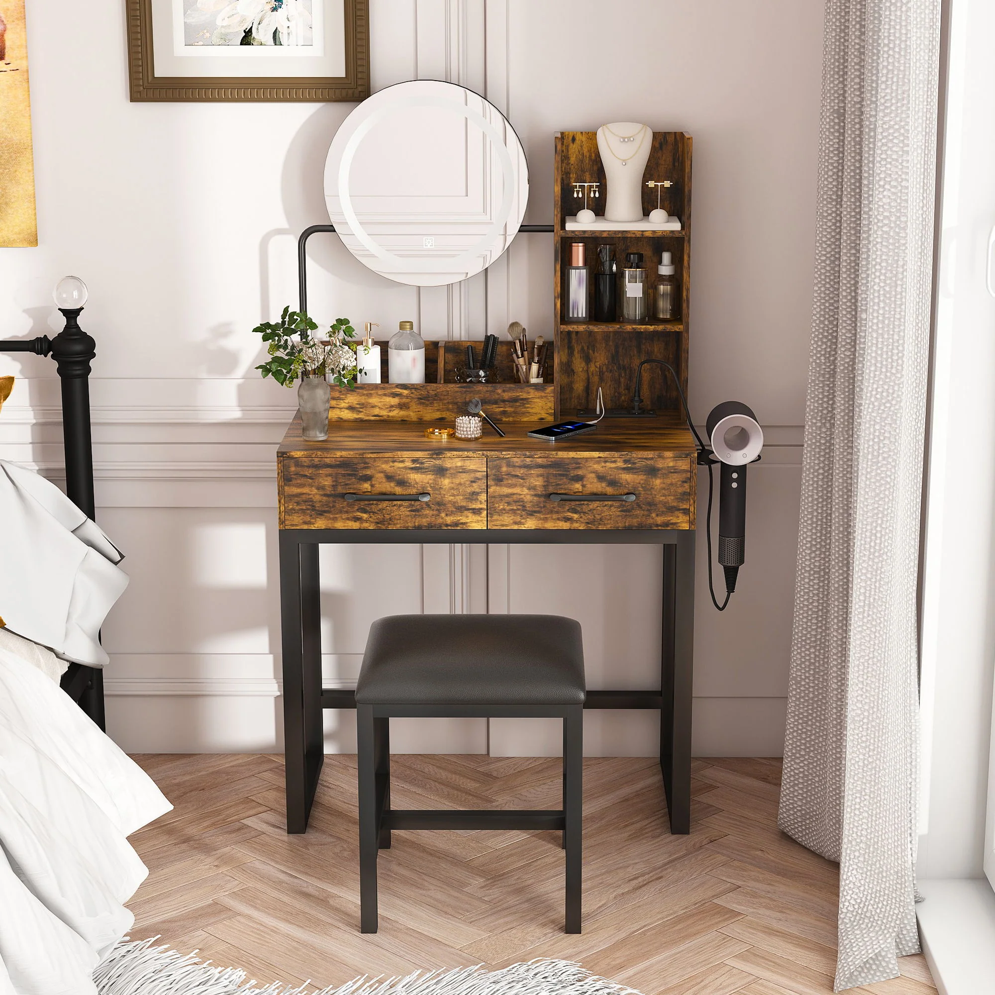 Makeup Vanity Table With LED Lights, 3 Color Options, Power Outlet - Image 7