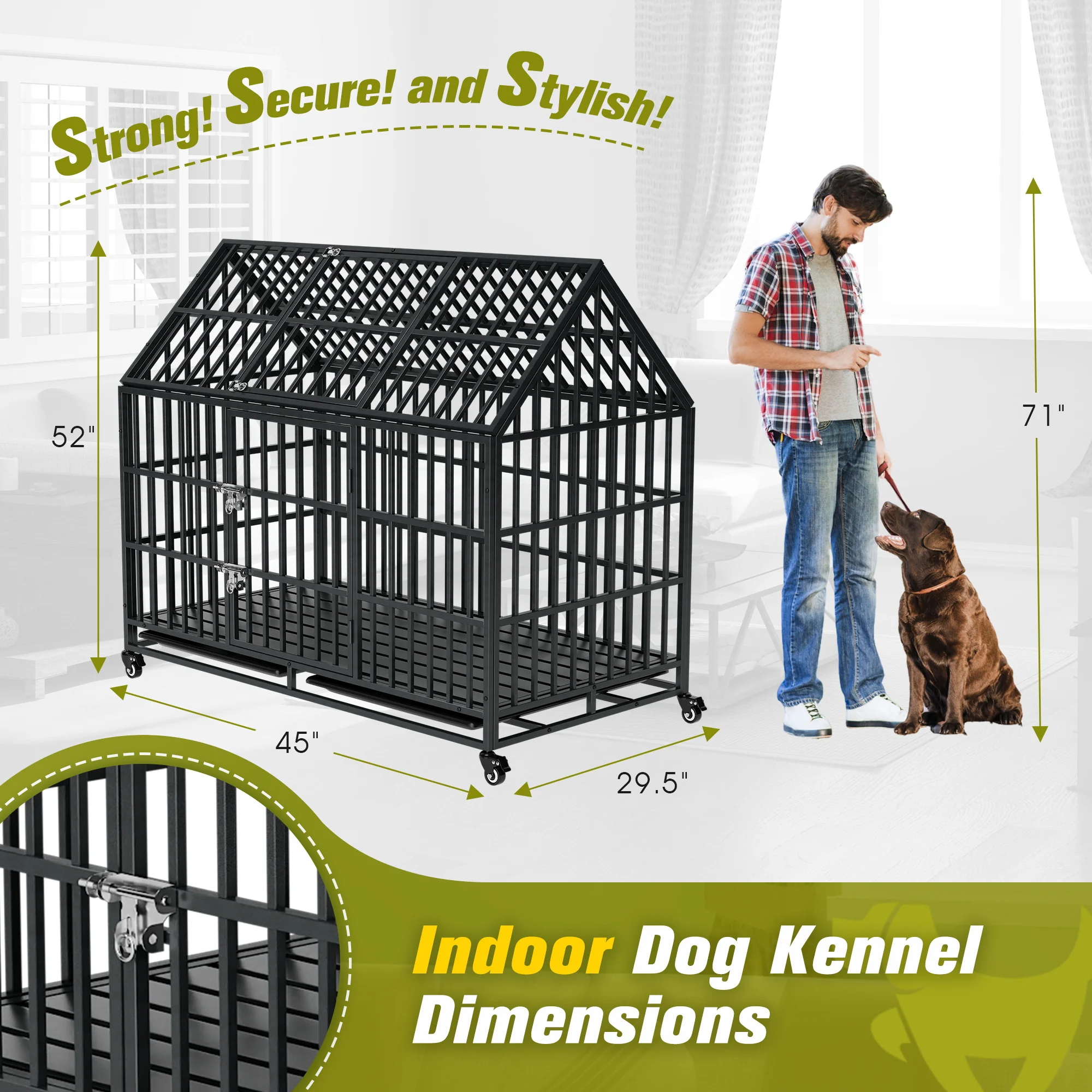 Mammoth 52-Inch Heavy Duty Iron Dog Crate with Peaked Roof and Lockable Wheels - Image 9