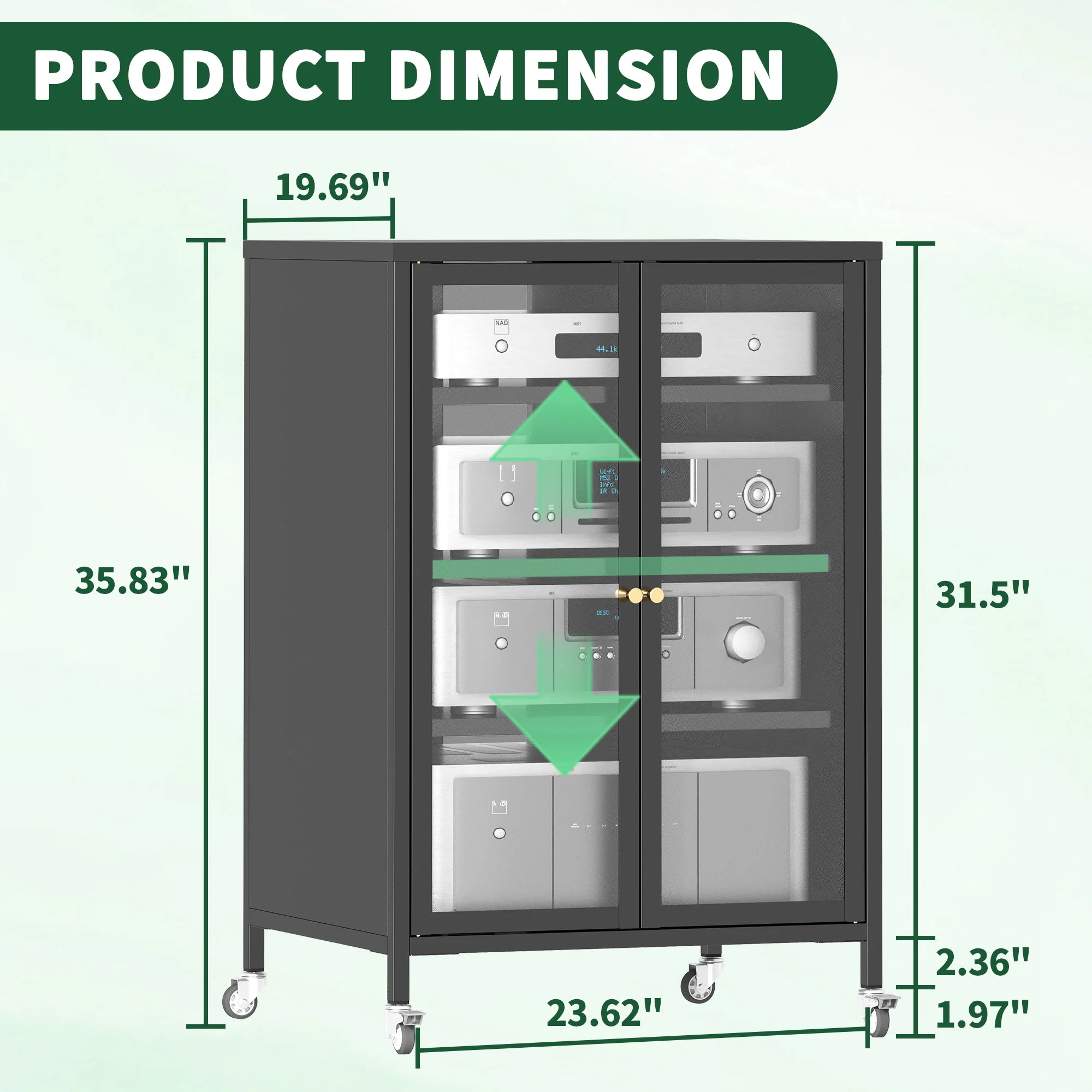 Media Storage Cabinet With Wheels, 4 Adjustable Glass Shelves & Door, Heavy-Duty - Black - Image 5