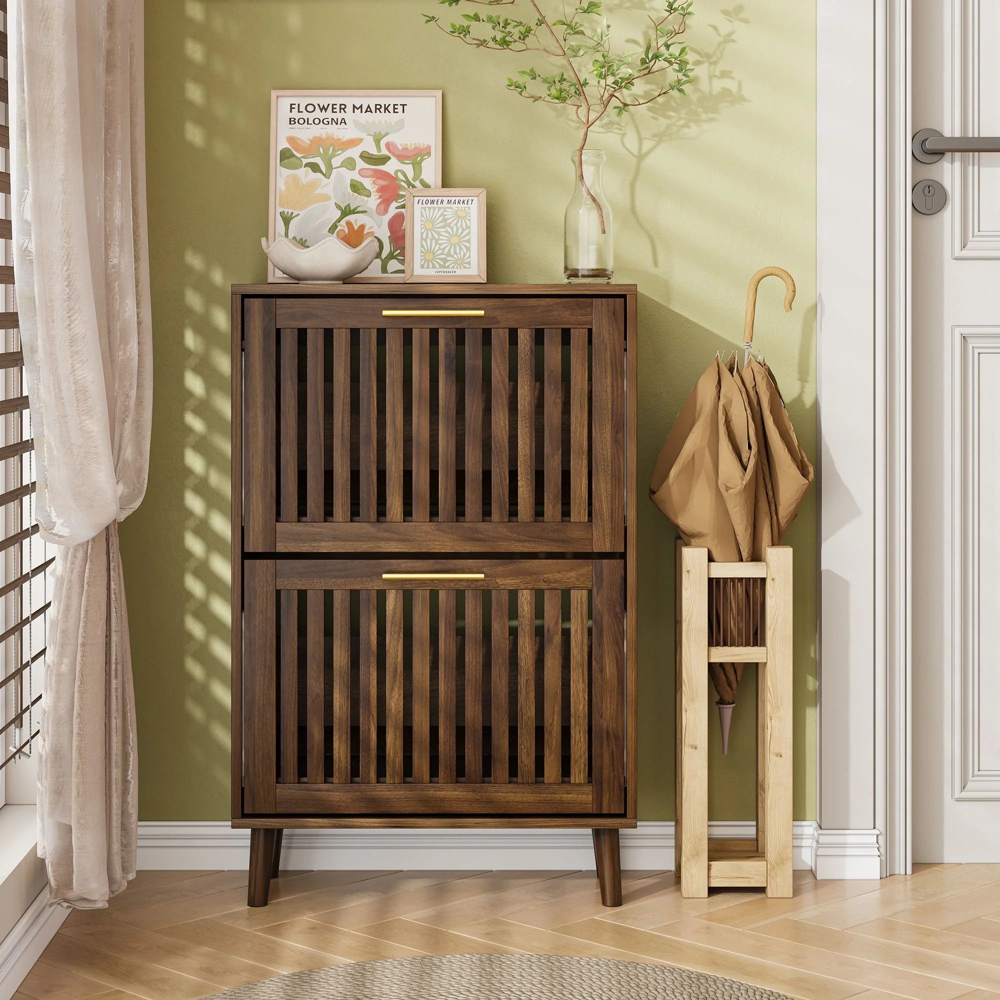 Medieval Modern Shoe Cabinet With 2 Flip Drawers And Fence Design - Image 6