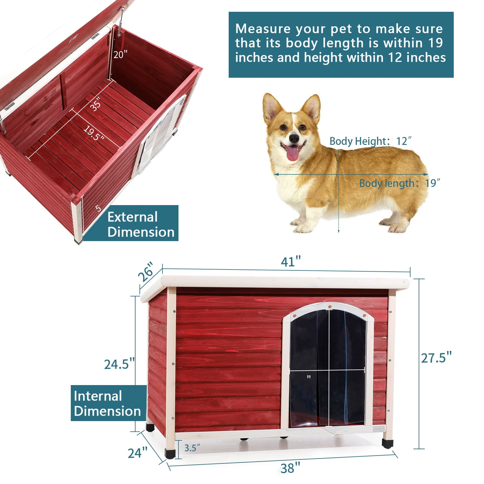 Medium Wooden Outdoor Dog House, Waterproof Roof, Elevated Floor, Adjustable Plastic Feet - Image 14
