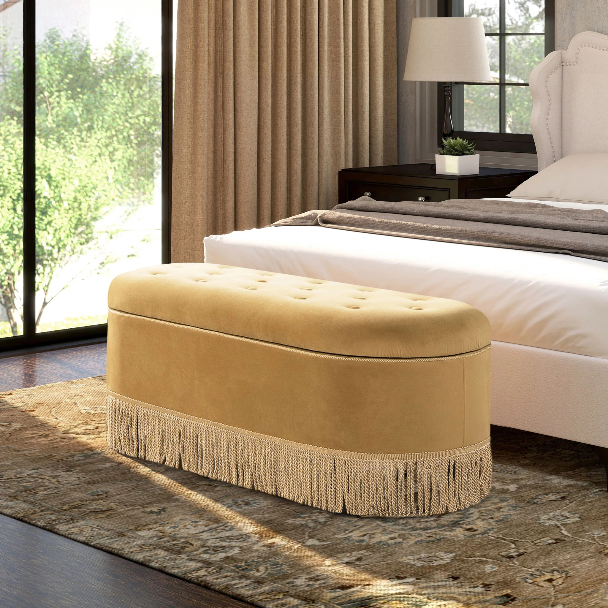 Melinda - Oval Tufted Bullion Fringe Storage Bench - Image 5
