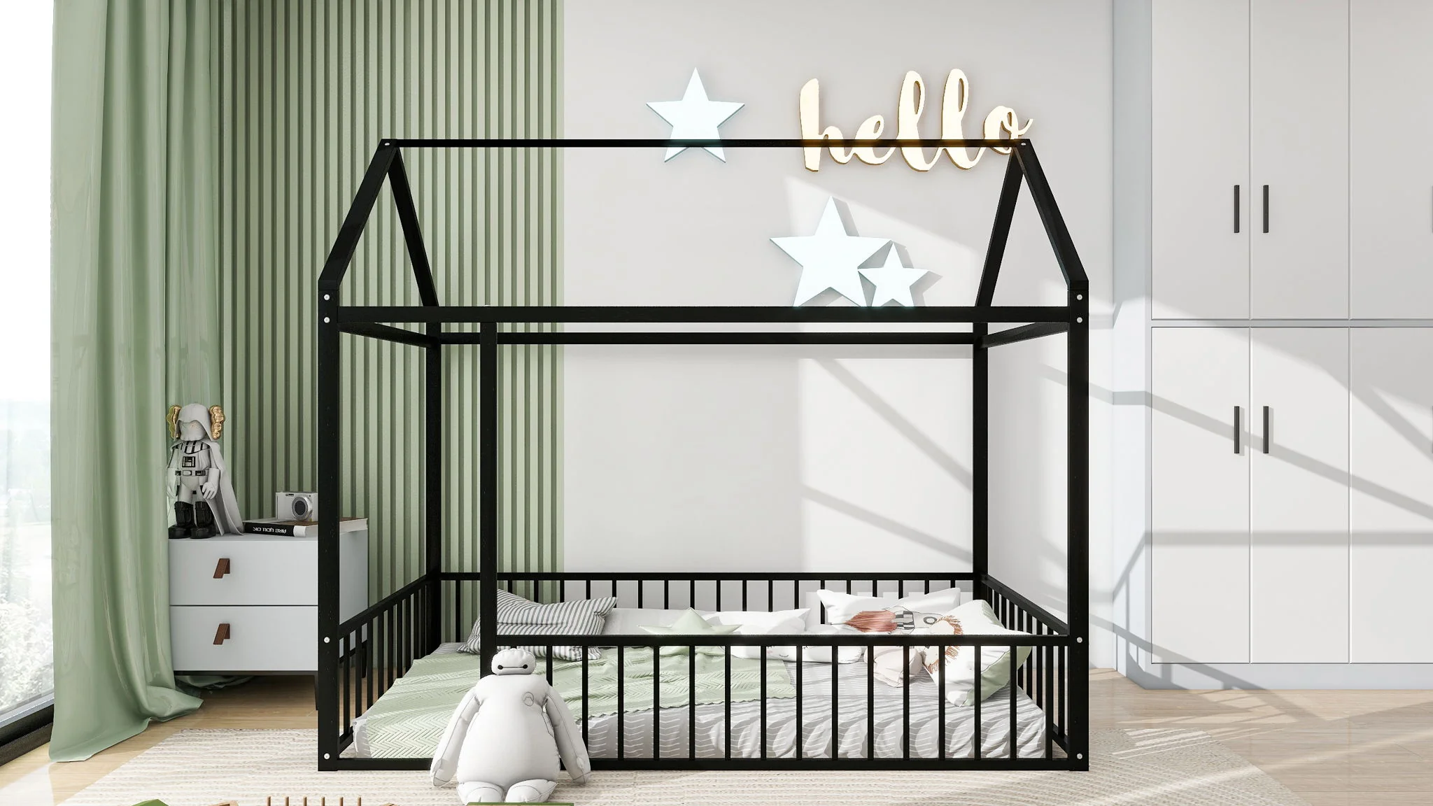 Metal Bed House Bed Frame With Fence - Image 11