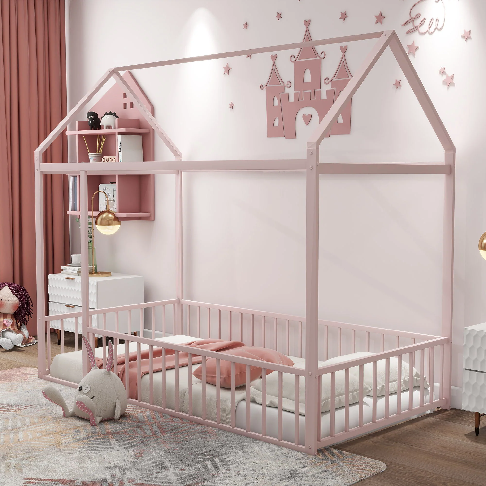 Metal Bed House Bed Frame With Fence - Image 47