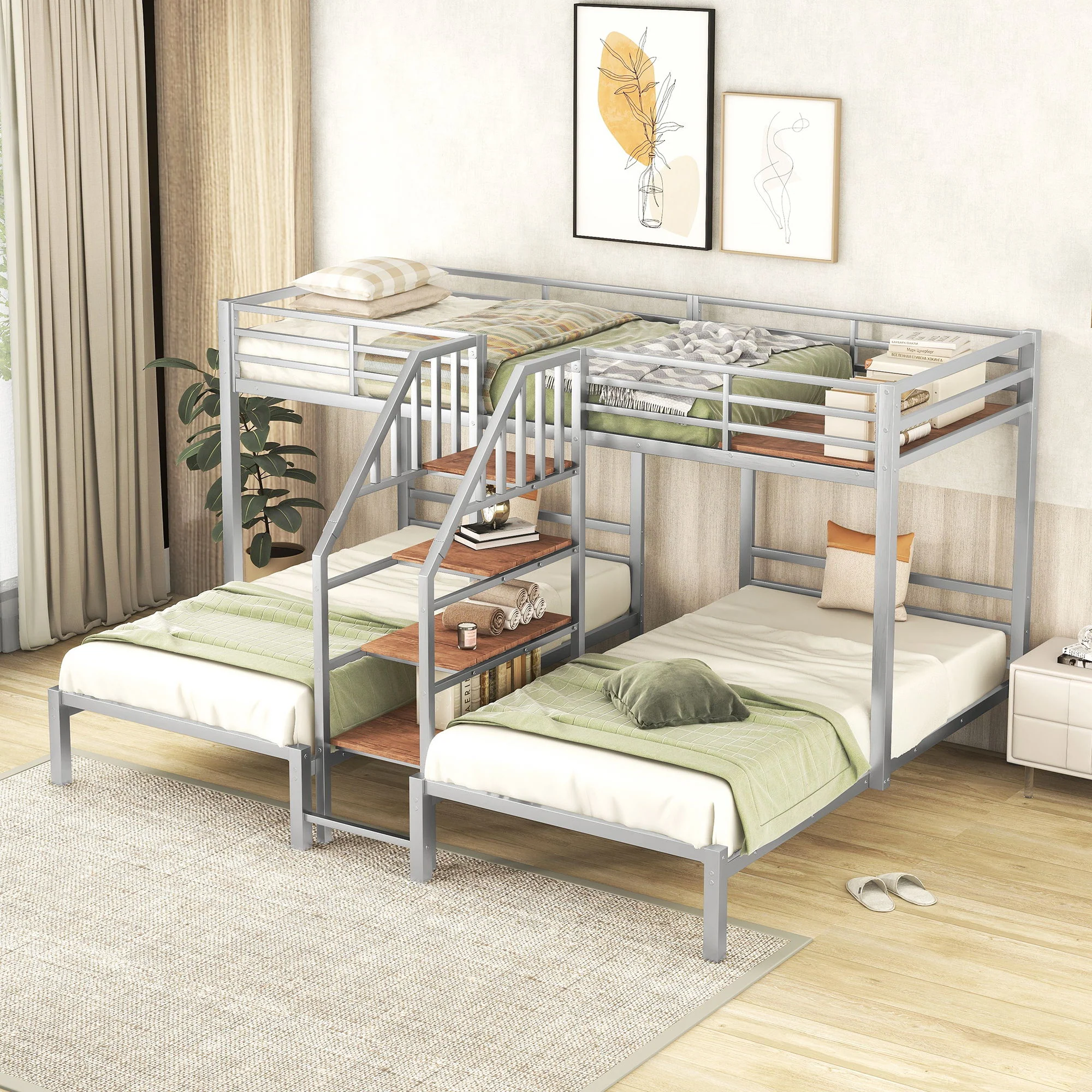 Metal Bunk Bed With Storage Shelves Staircase - Image 14