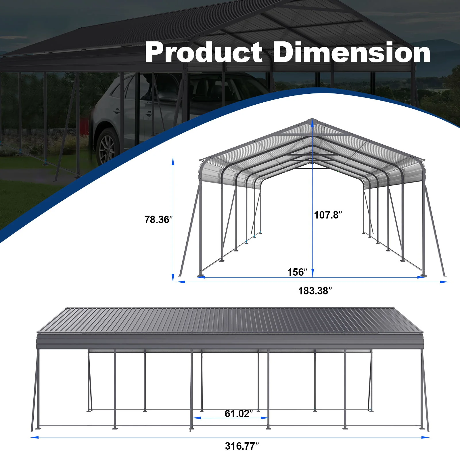 Metal Carport 13 X 26.5 Ft Heavy Duty With Galvanized Steel Roof Metal Garage Canopy With Galvanized Steel Roof & Frame Car Tent Outdoor Storage Shed For Car Boats And Truck - Gray - Image 7
