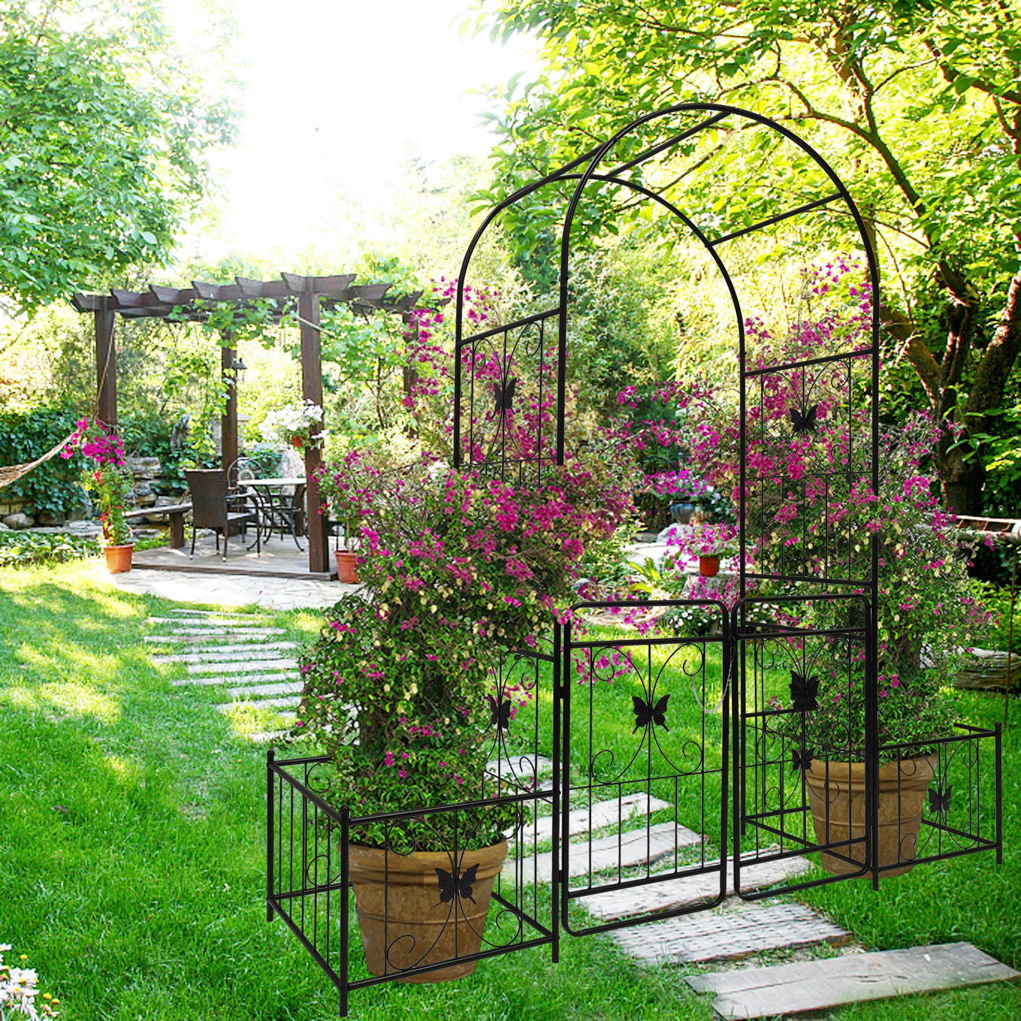 Metal Garden Arch With Gate High Climbing Plants Support Rose Arch Outdoor - Black - Image 3