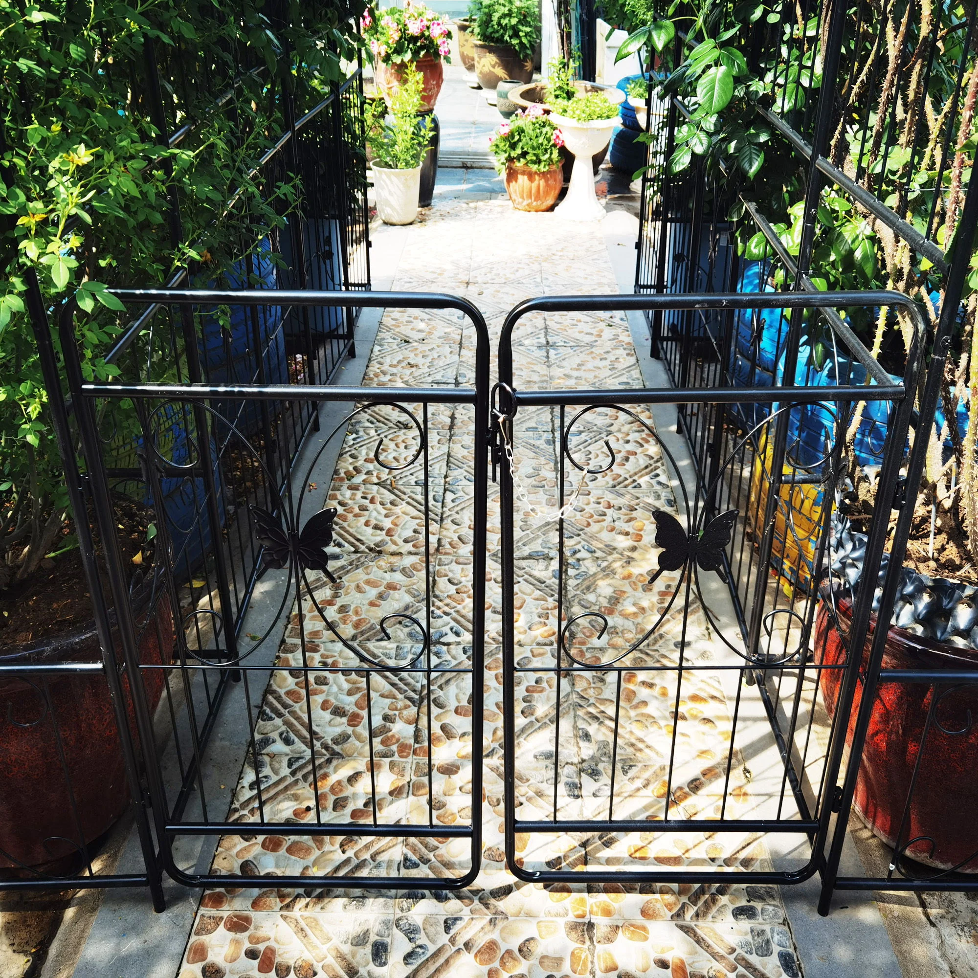 Metal Garden Arch With Gate High Climbing Plants Support Rose Arch Outdoor - Black - Image 8