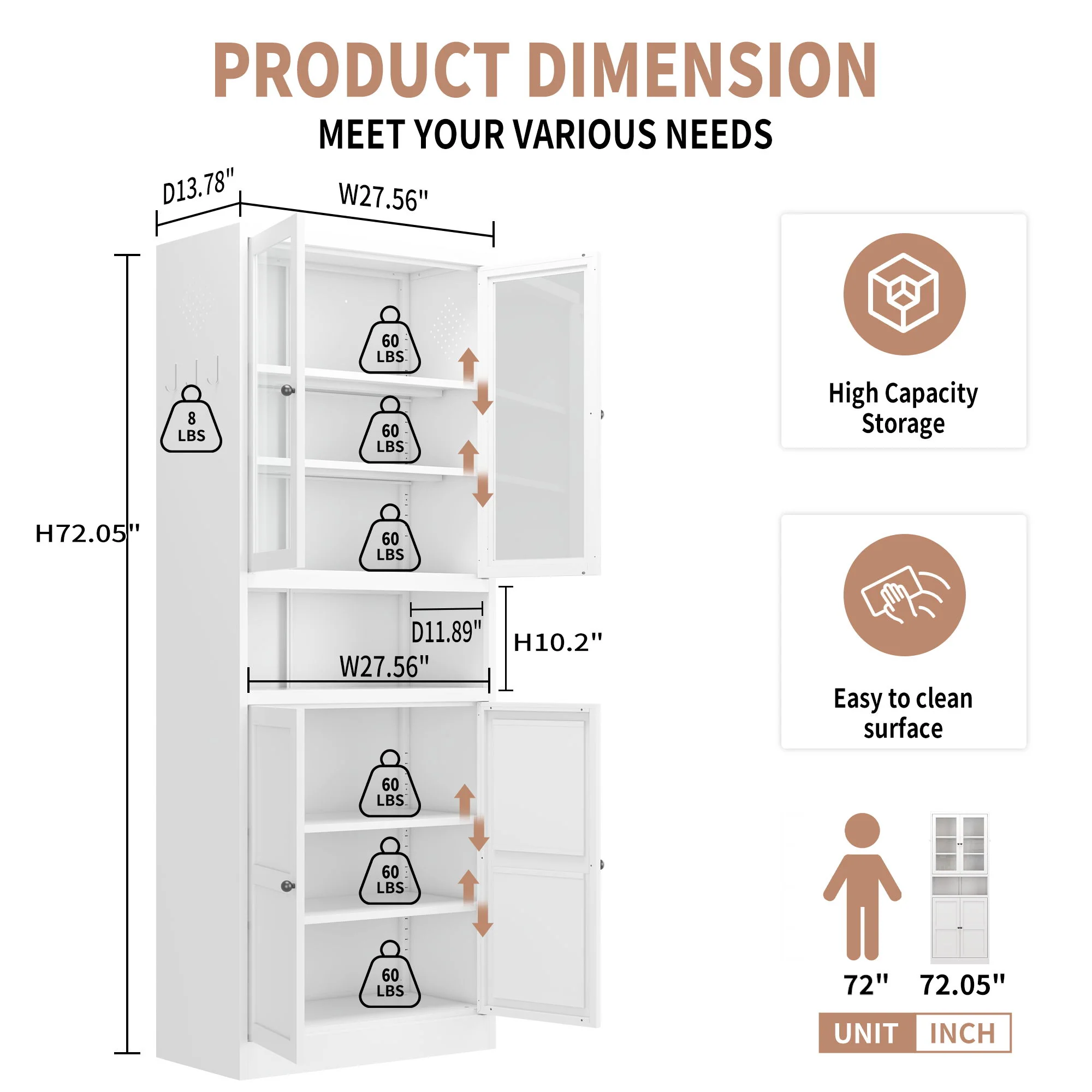 Metal Kitchen Pantry Cabinet Tall Storage With Adjustable Shelves, Heavy Duty Stainless Steel Frame - White - Image 5