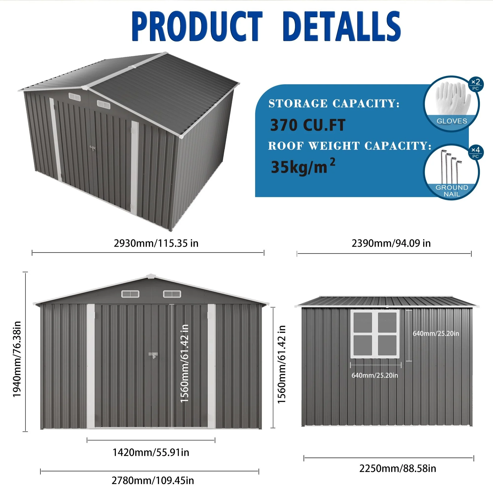 Metal Storage Shed Garden Building Large Waterproof Tool Shell Gray - Image 13