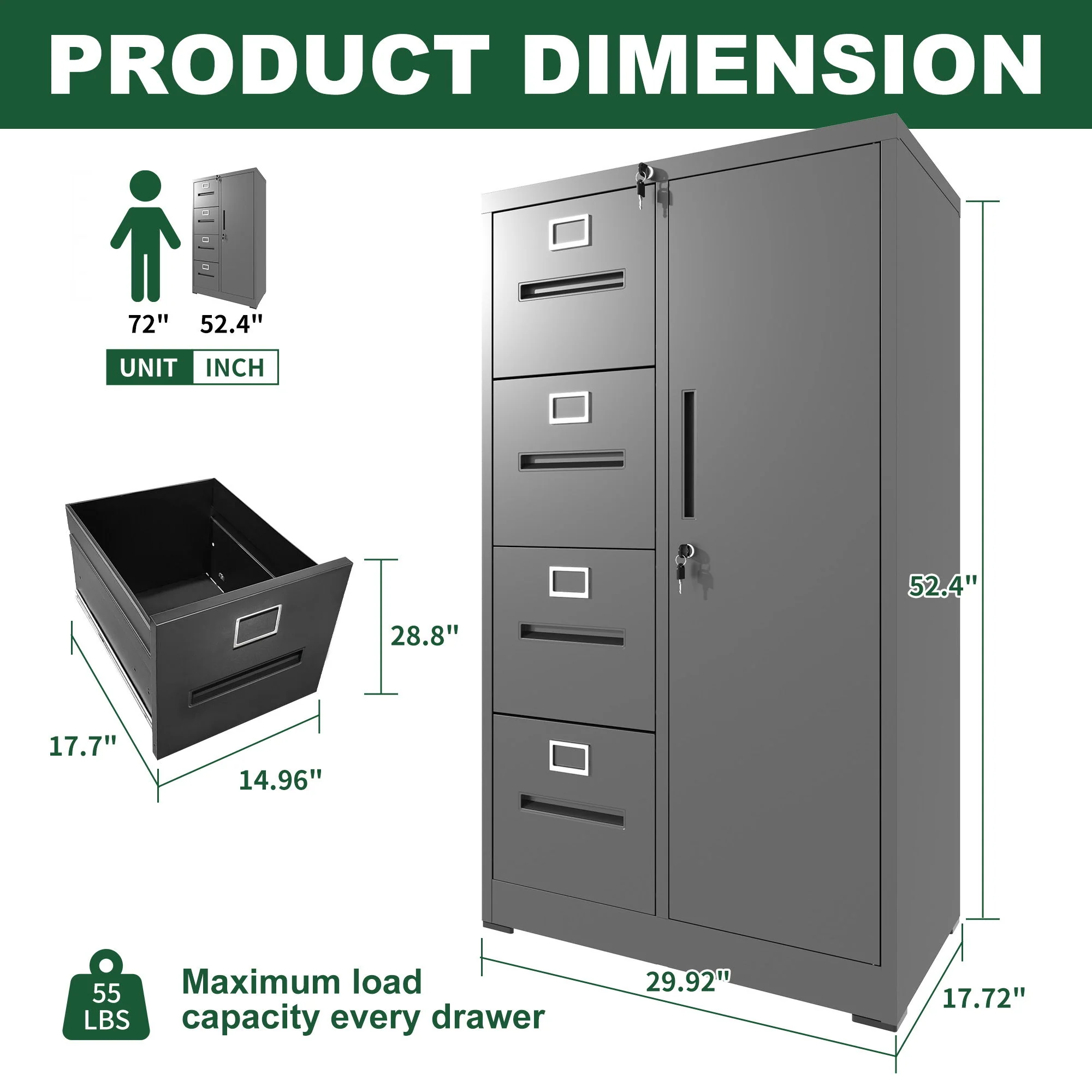 Metal Storage Vertical Filing Cabinet With Lock, 4 Drawers, 1 Door, Steel Construction, School / Office Use - Image 3