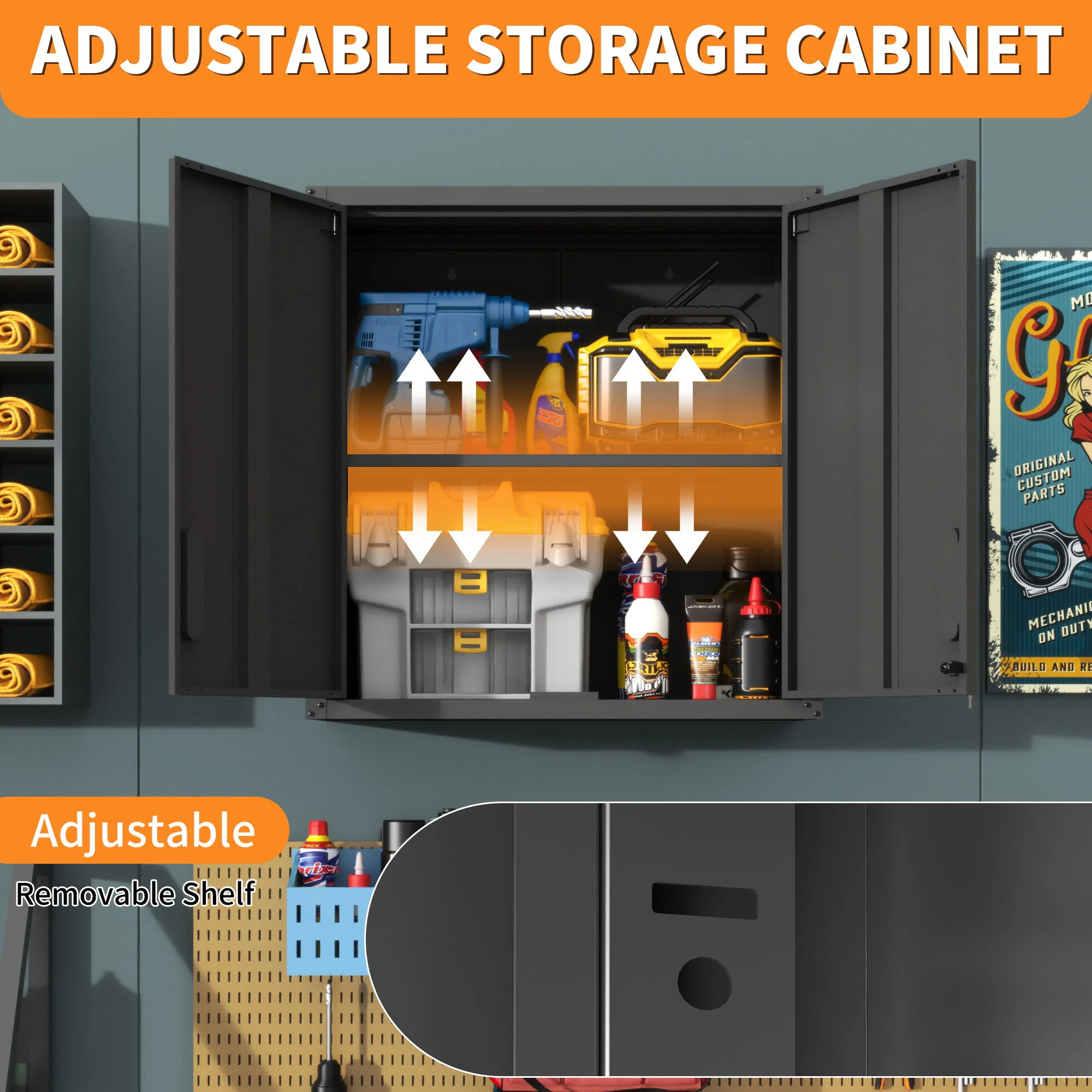 Metal Wall Mounted Tool Storage Cabinet With 2 Locking Doors, Adjustable Shelf, And Drawer - Image 4