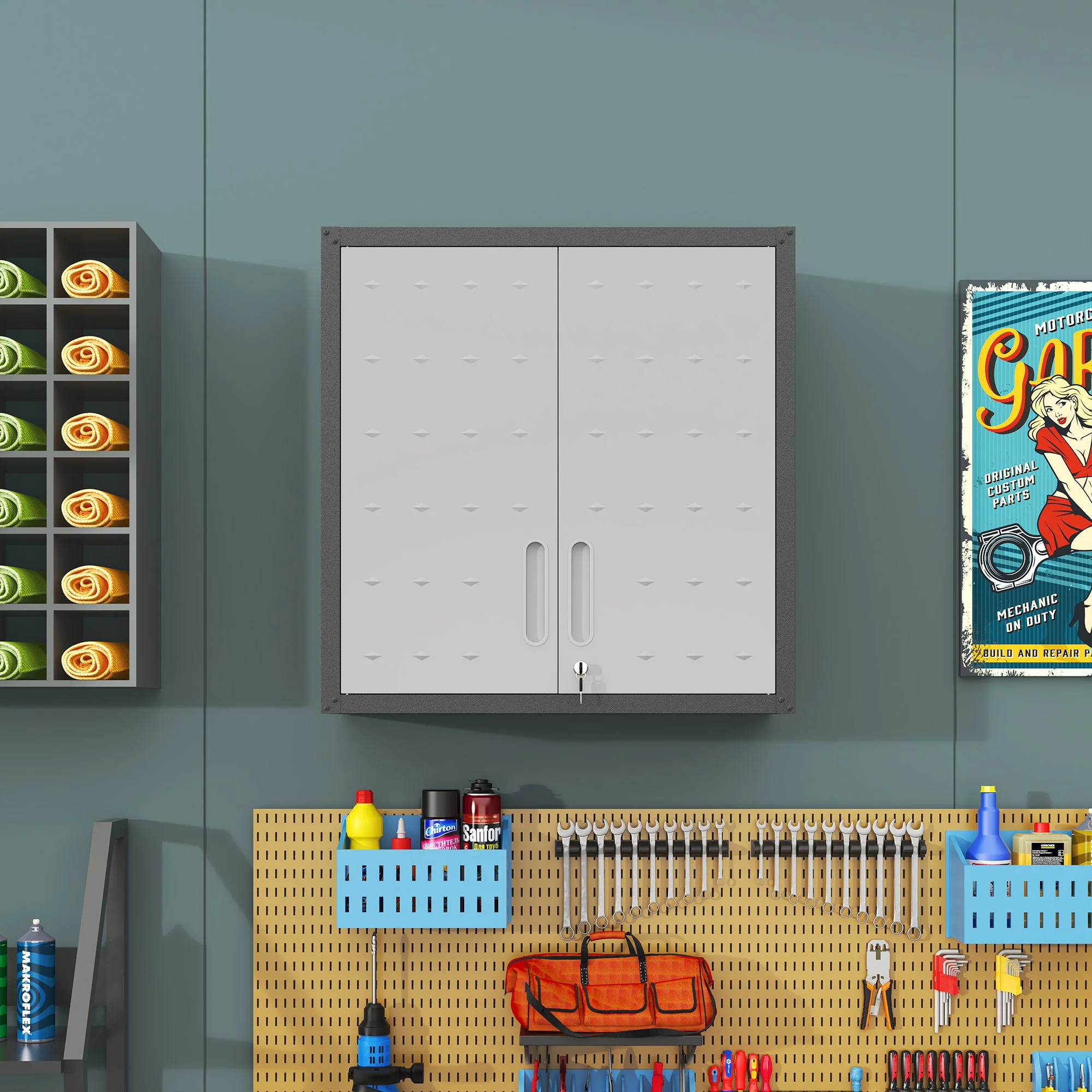 Metal Wall Mounted Tool Storage Cabinet With 2 Locking Doors, Adjustable Shelf, And Drawer - Image 7