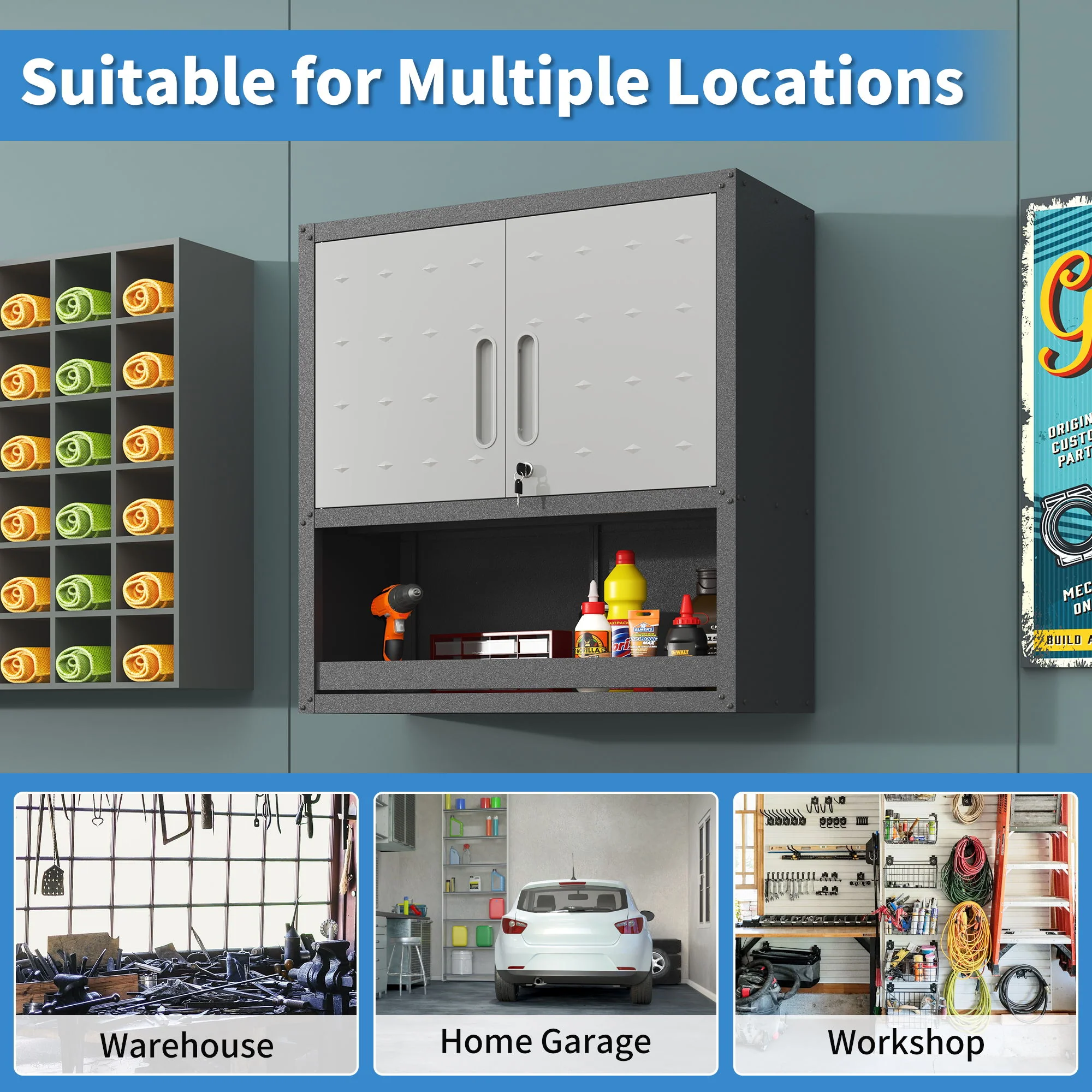 Metal Wall Mounted Tool Storage Cabinet With Locking Door, 1 Shelf & 1 Drawer - Image 2