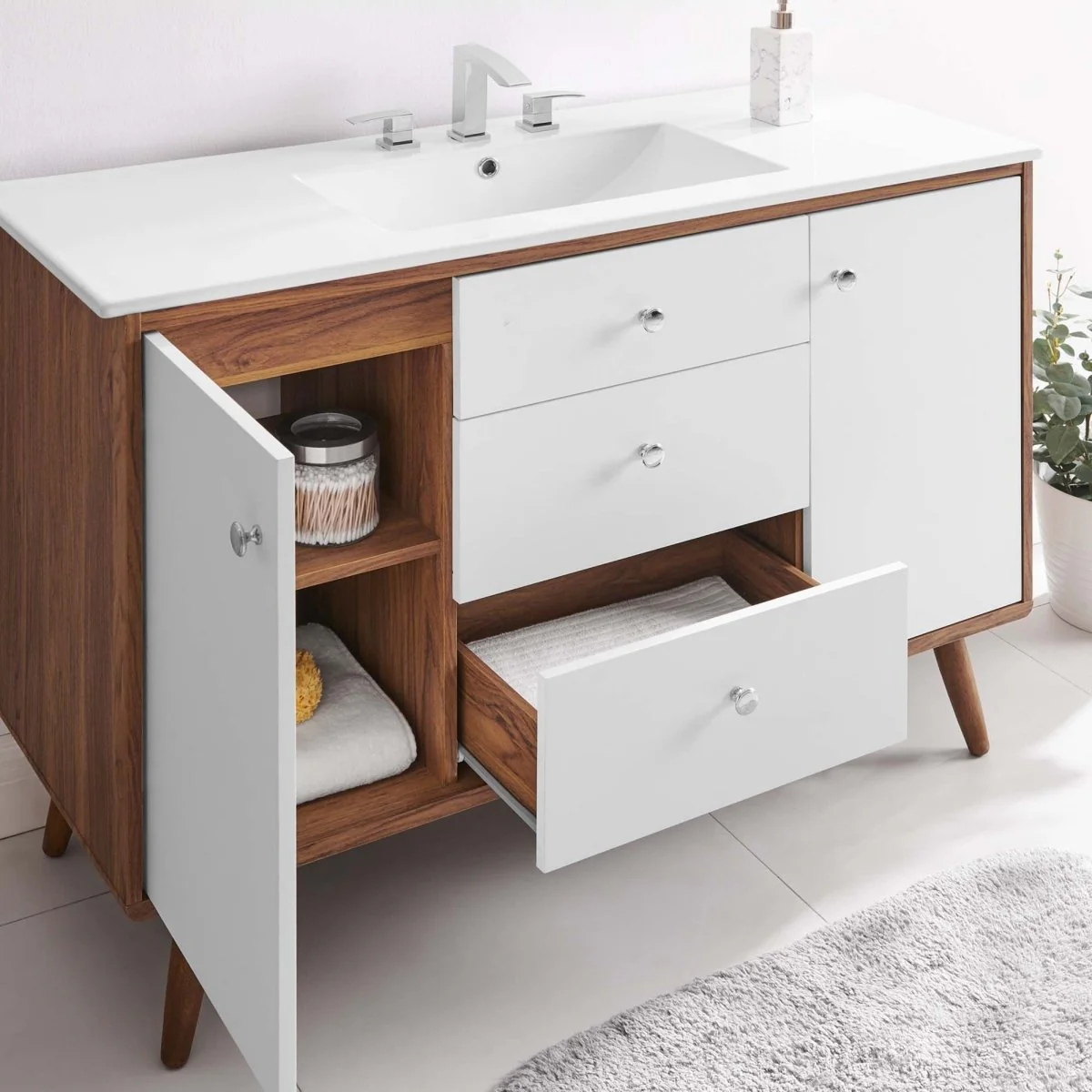 Mid-Century Bathroom Vanity Collection - Walnut Modern Bathroom Vanity Cabinets Set - Image 62
