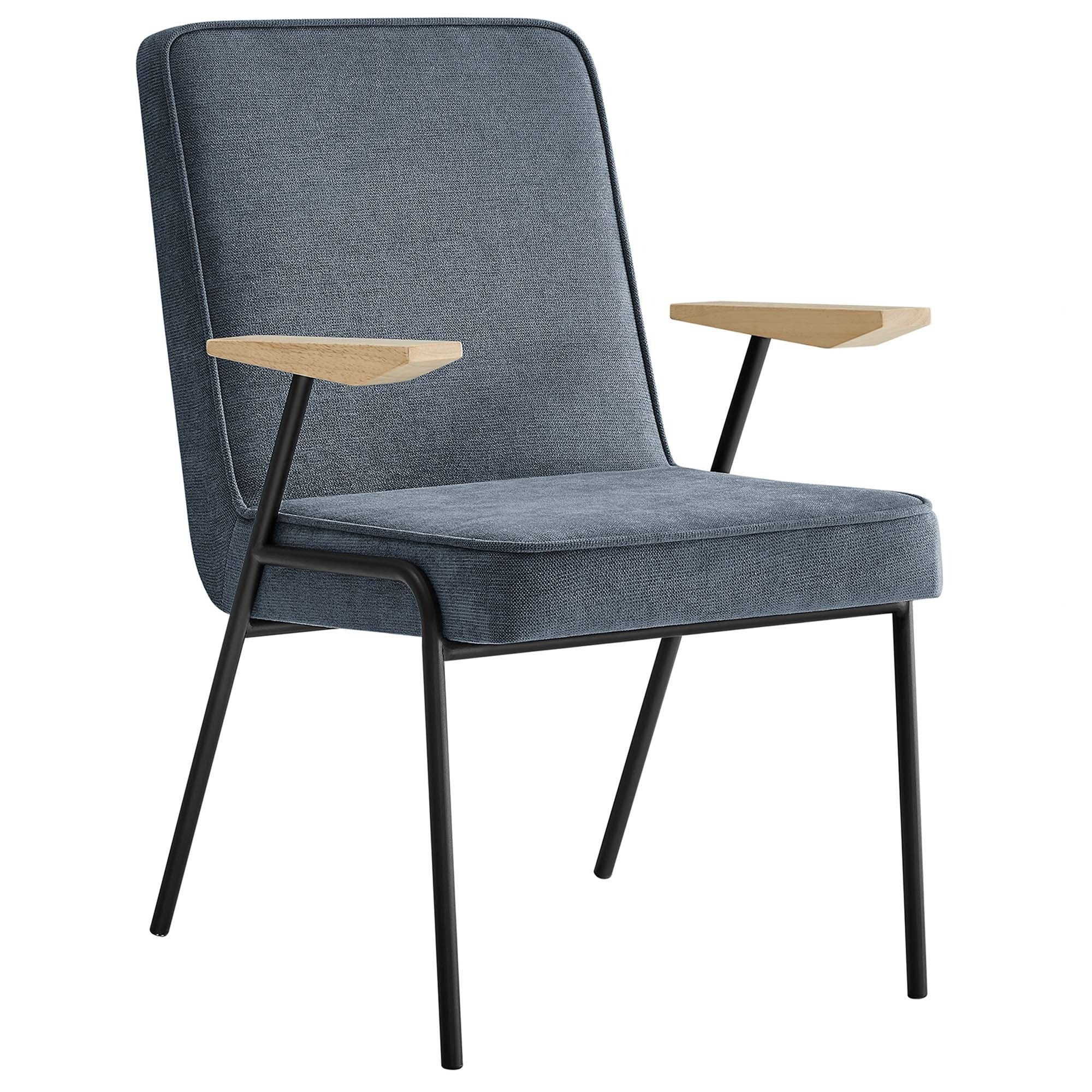 Mid-Century Fabric and Metal Dining Armchair with Wood Arms - Image 2