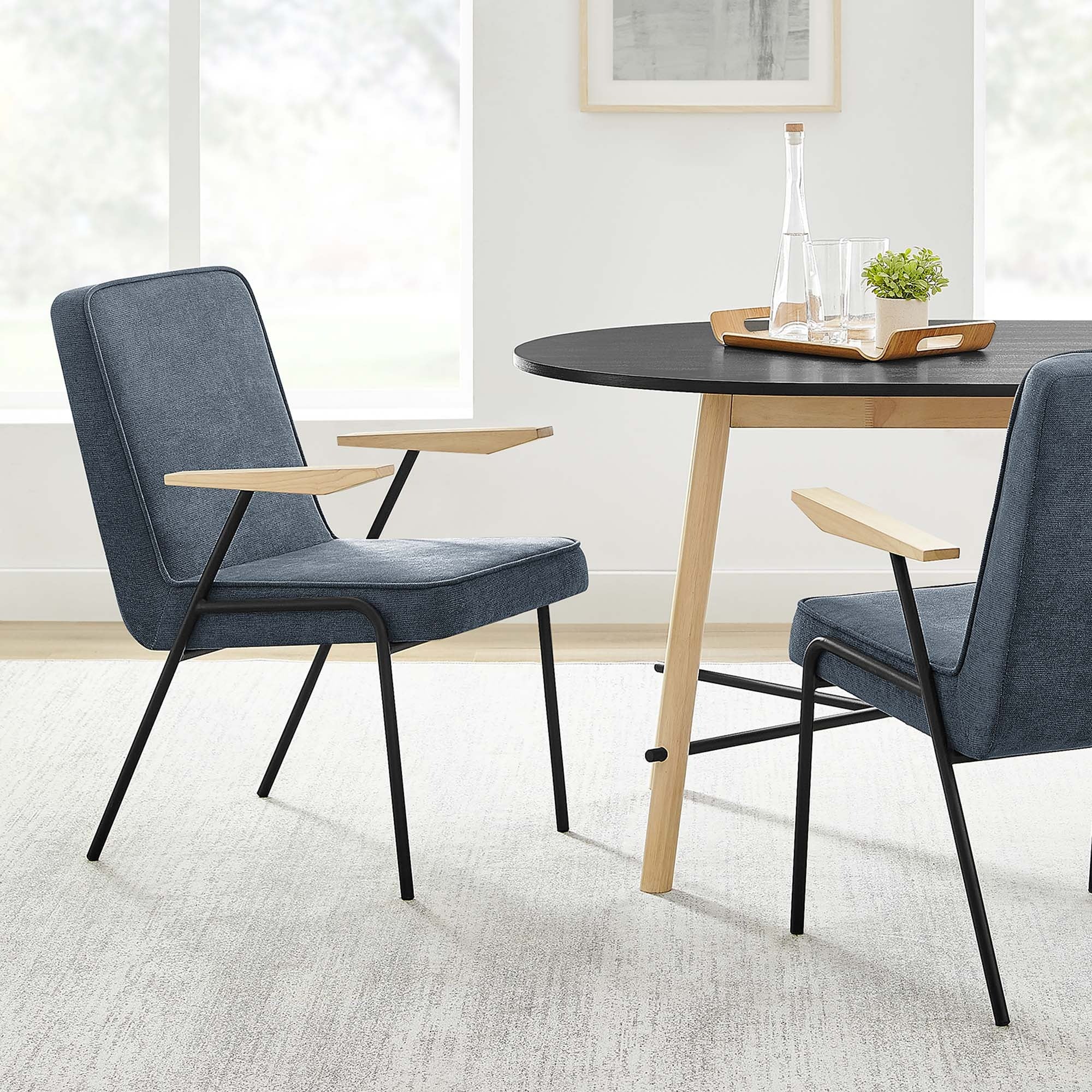Mid-Century Fabric and Metal Dining Armchair with Wood Arms - Image 5
