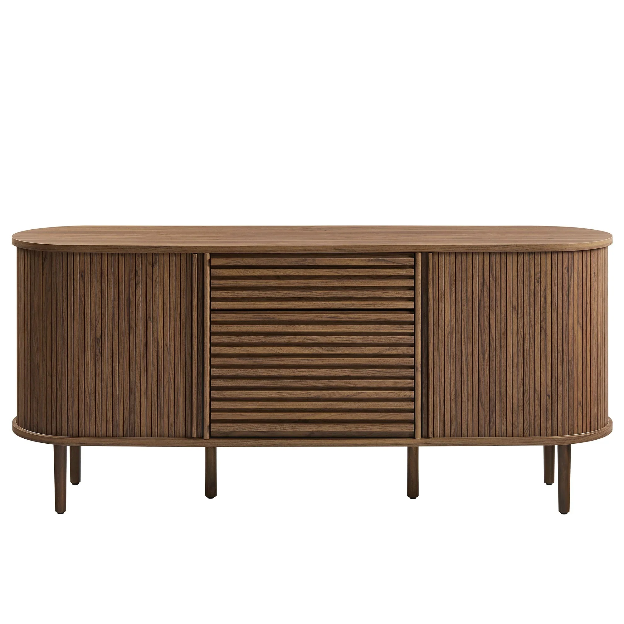 Mid-Century Fluted Oval Sideboard Cabinet – Walnut 67 Inch