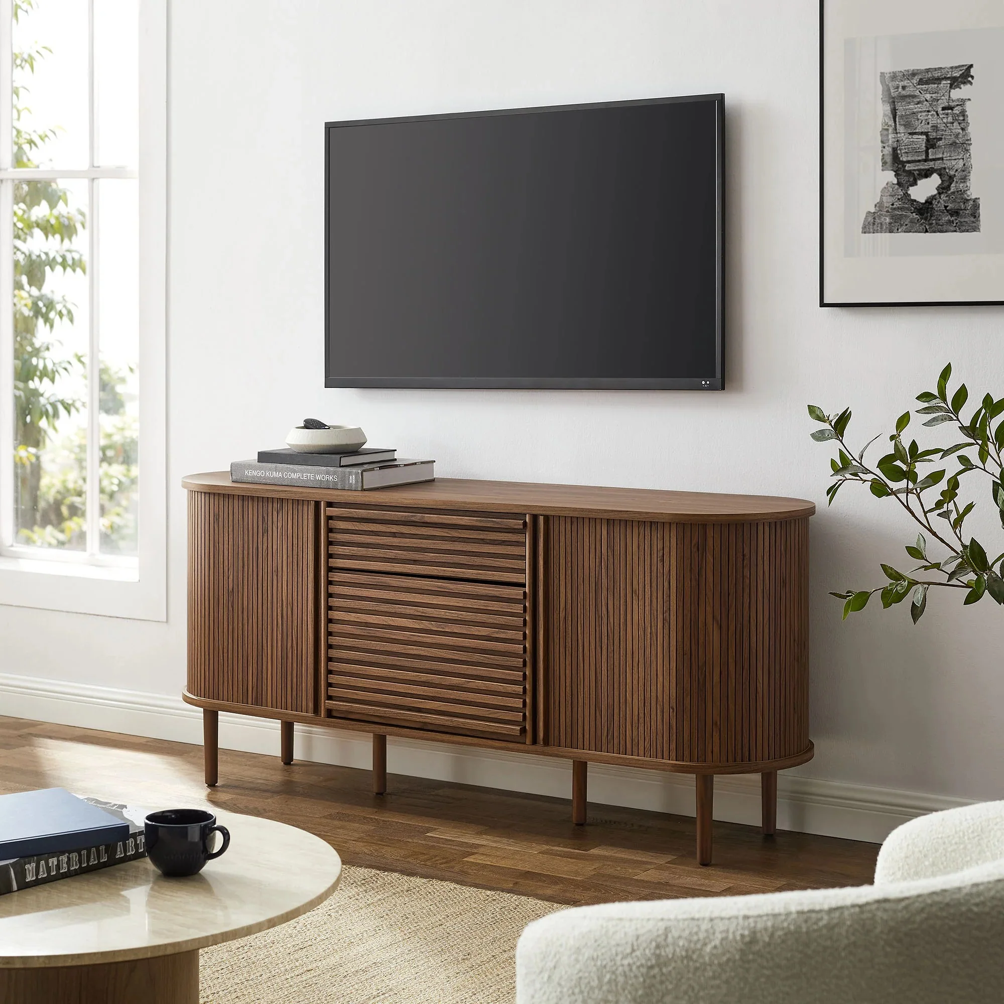Mid-Century Fluted Oval Sideboard Cabinet – Walnut 67 Inch - Image 2