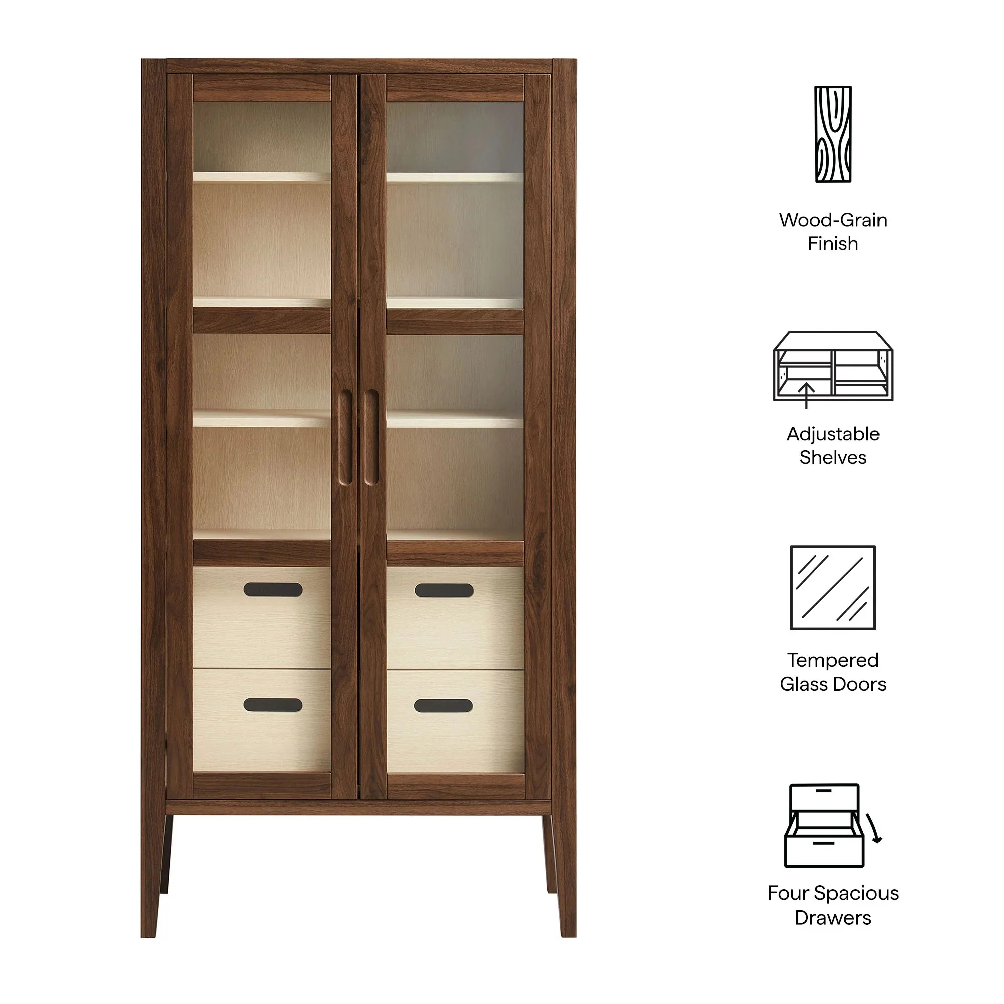 Mid-Century Modern 2-Door Glass Tall Storage Display Cabinet – Walnut 71 Inch - Image 3