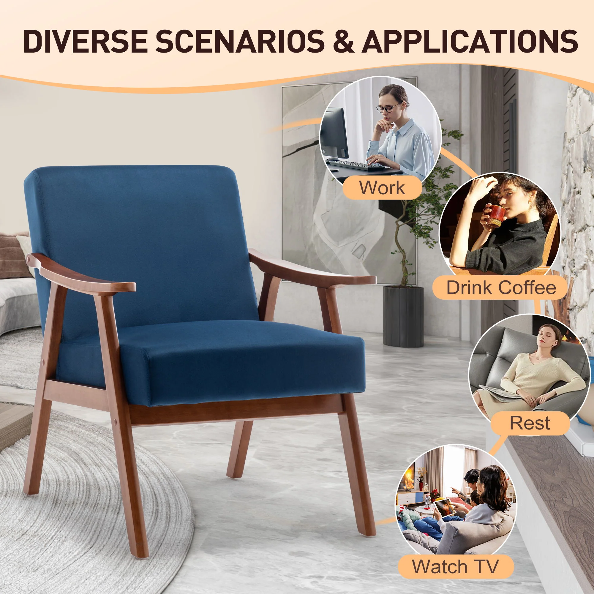 Mid Century Modern Accent Chair With Solid Wood Frame And Extra Thick Backrest - Image 22