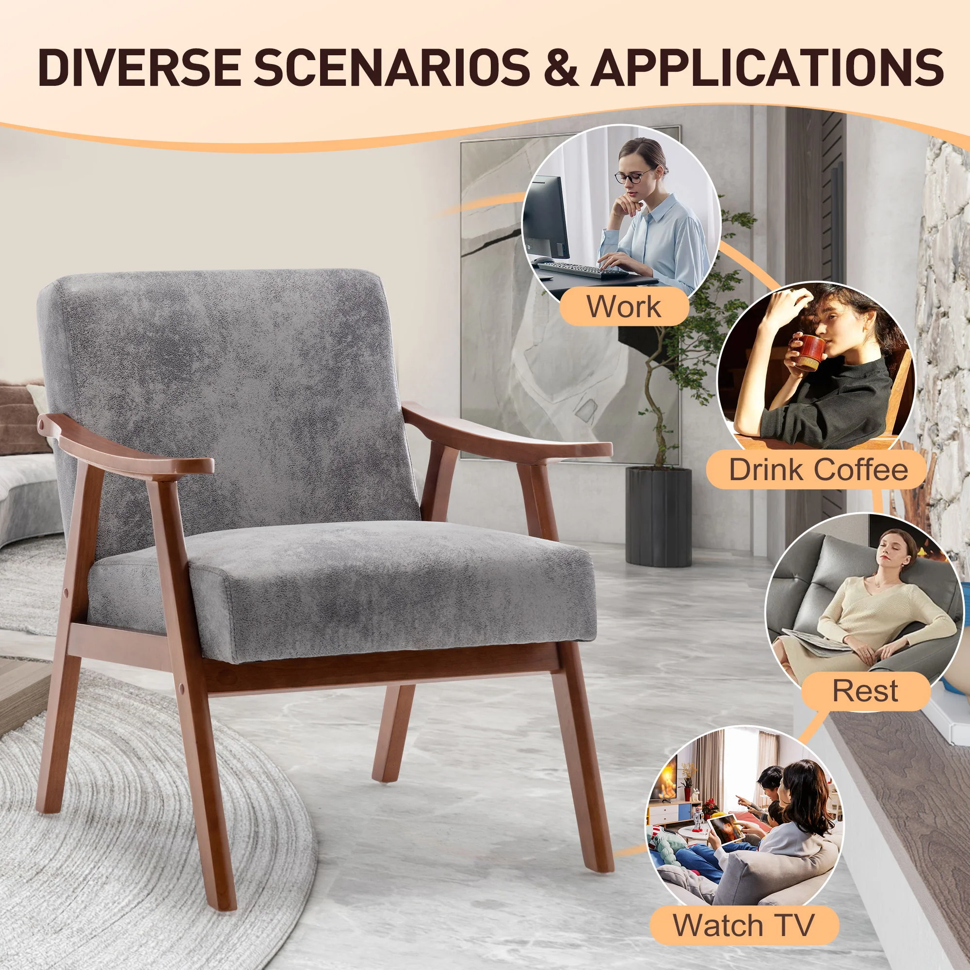 Mid Century Modern Accent Chair With Solid Wood Frame And Extra Thick Backrest - Image 42