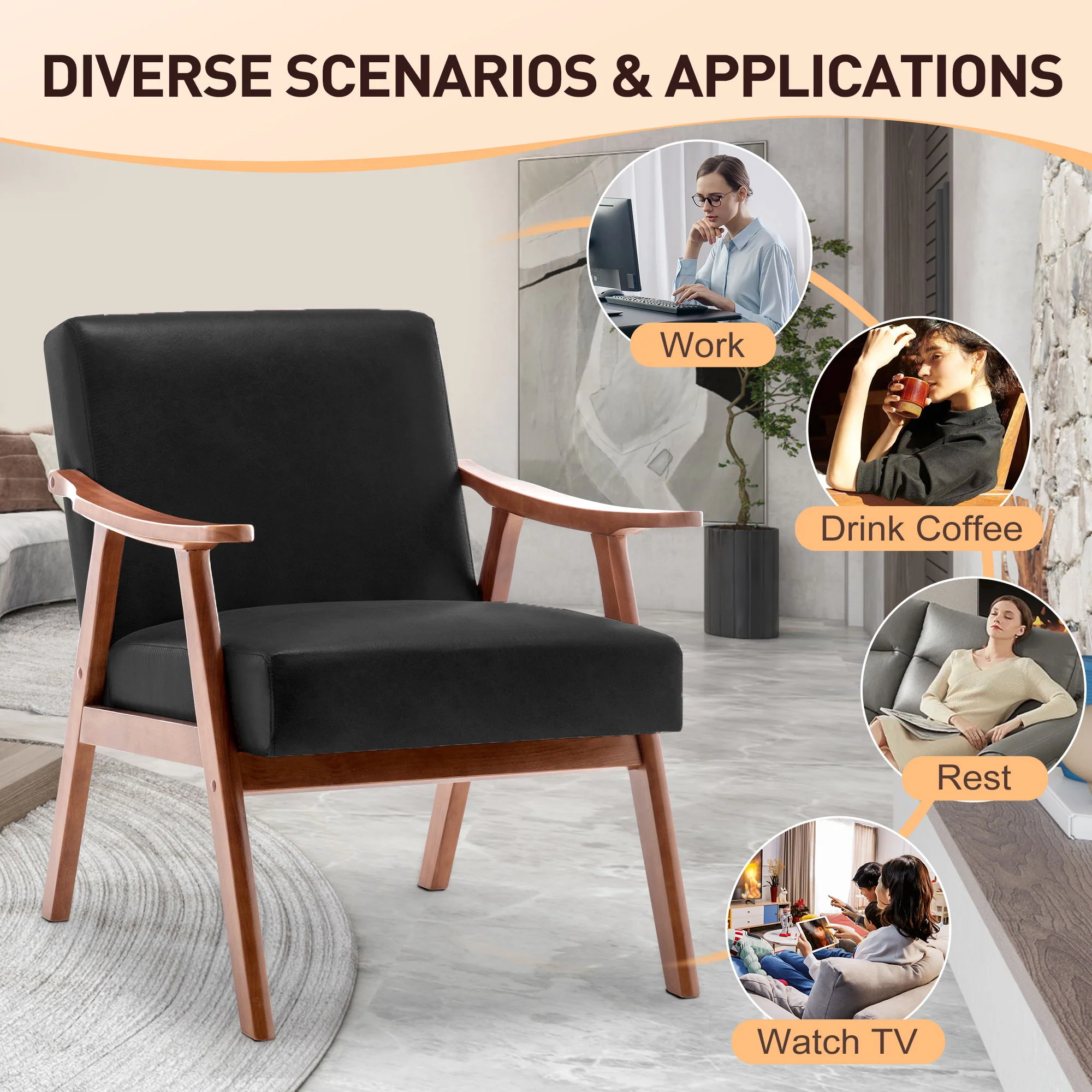 Mid Century Modern Accent Chair With Solid Wood Frame And Extra Thick Backrest - Image 48