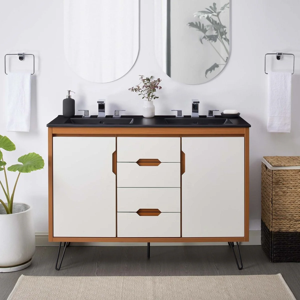 Mid-Century Modern Bathroom Vanity with Ceramic Sink and Storage Drawers - Image 108