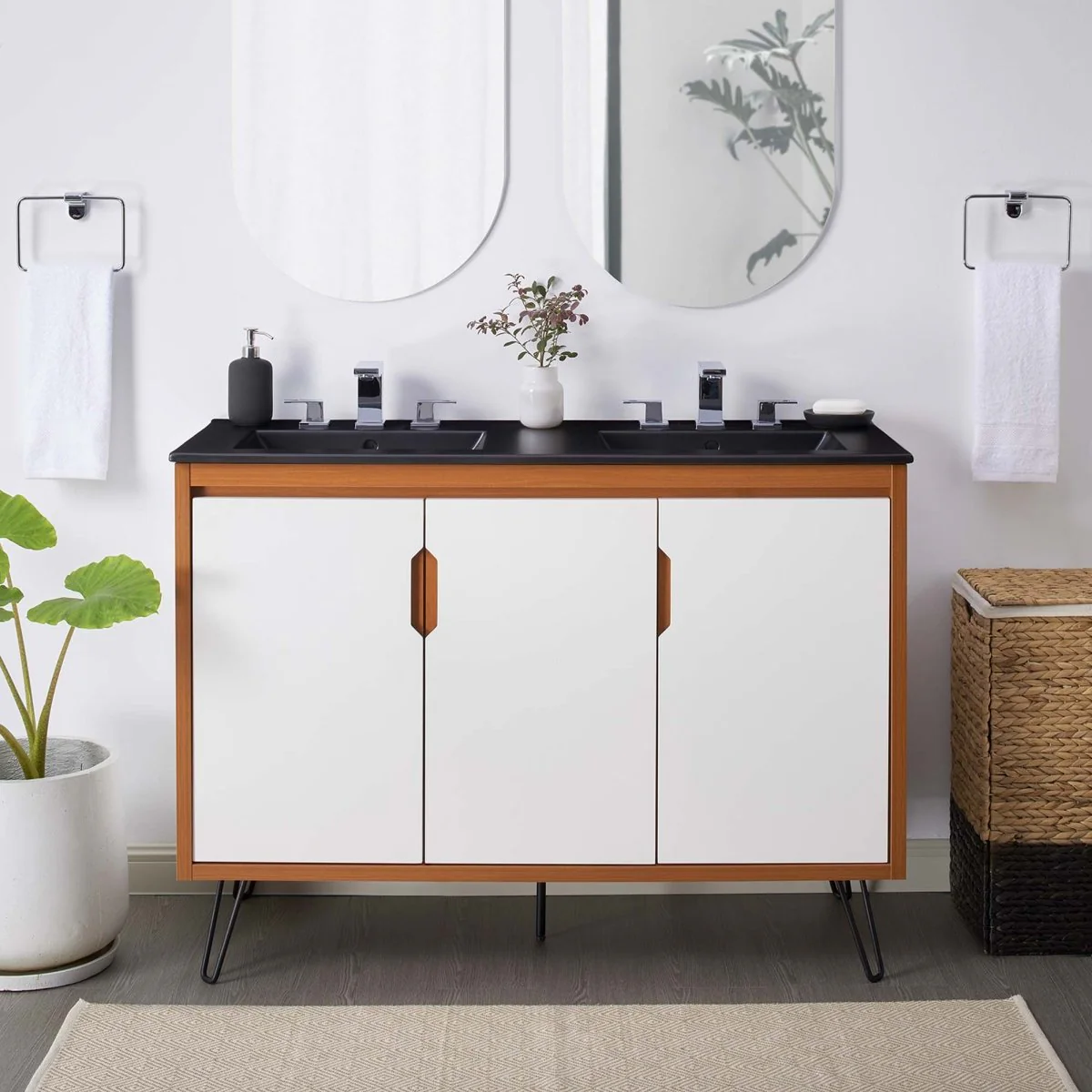 Mid-Century Modern Bathroom Vanity with Ceramic Sink and Storage Drawers - Image 63